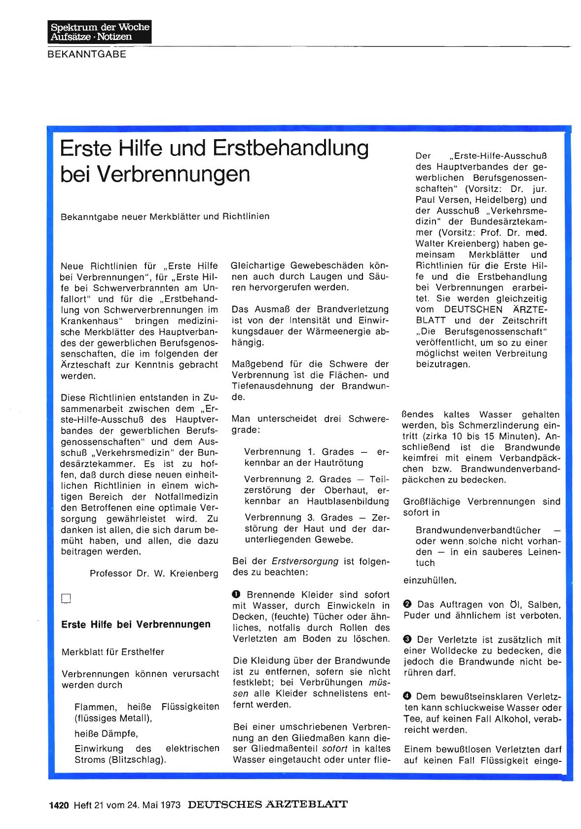 Vorschauseite 1: Erste Hilfe und Erstbehandlung bei Verbrennungen: Bekanntgabe neuer Merkblätter und Richtlinien