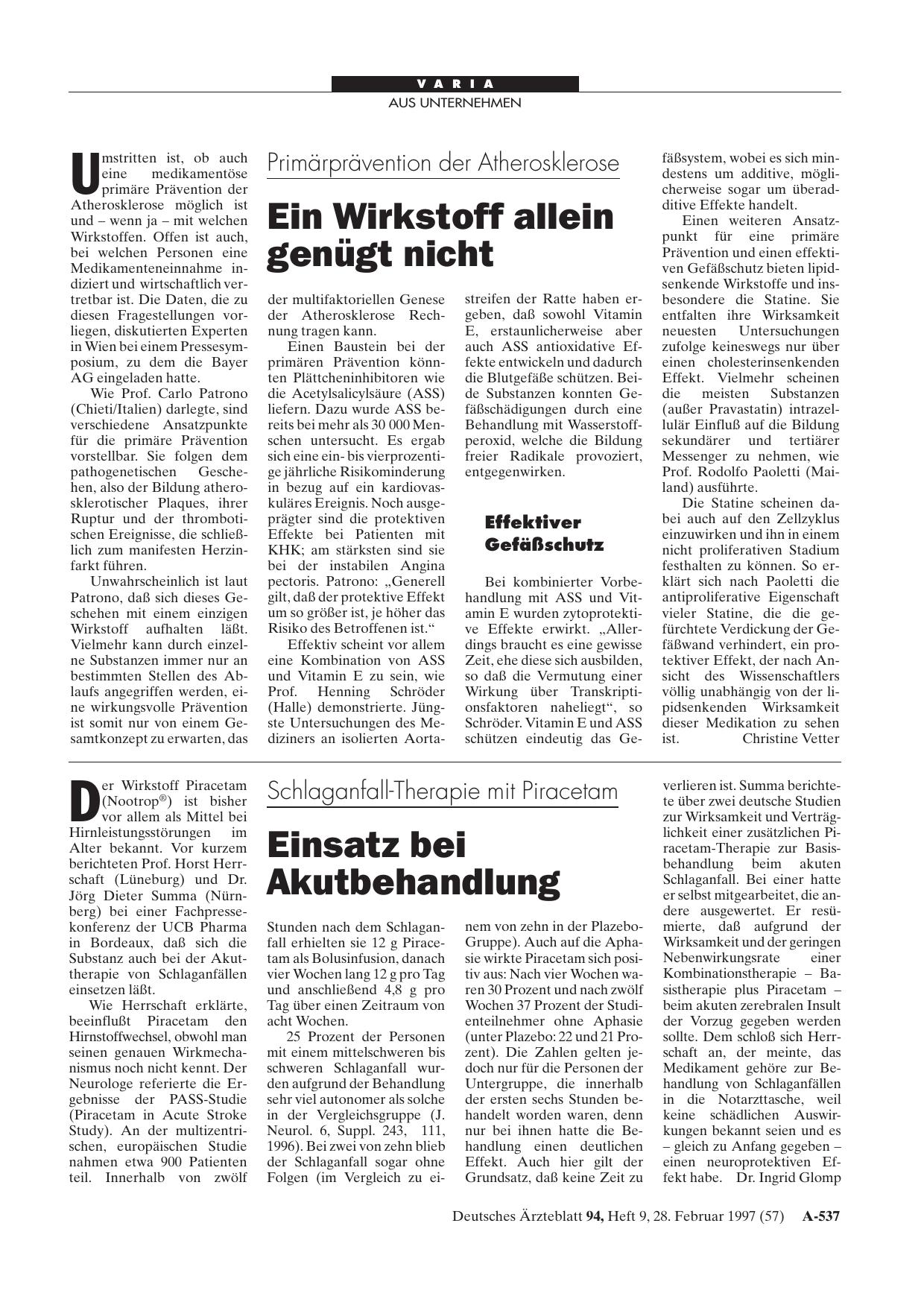 Vorschauseite 1: Schlaganfall-Therapie mit Piracetam: Einsatz bei Akutbehandlung