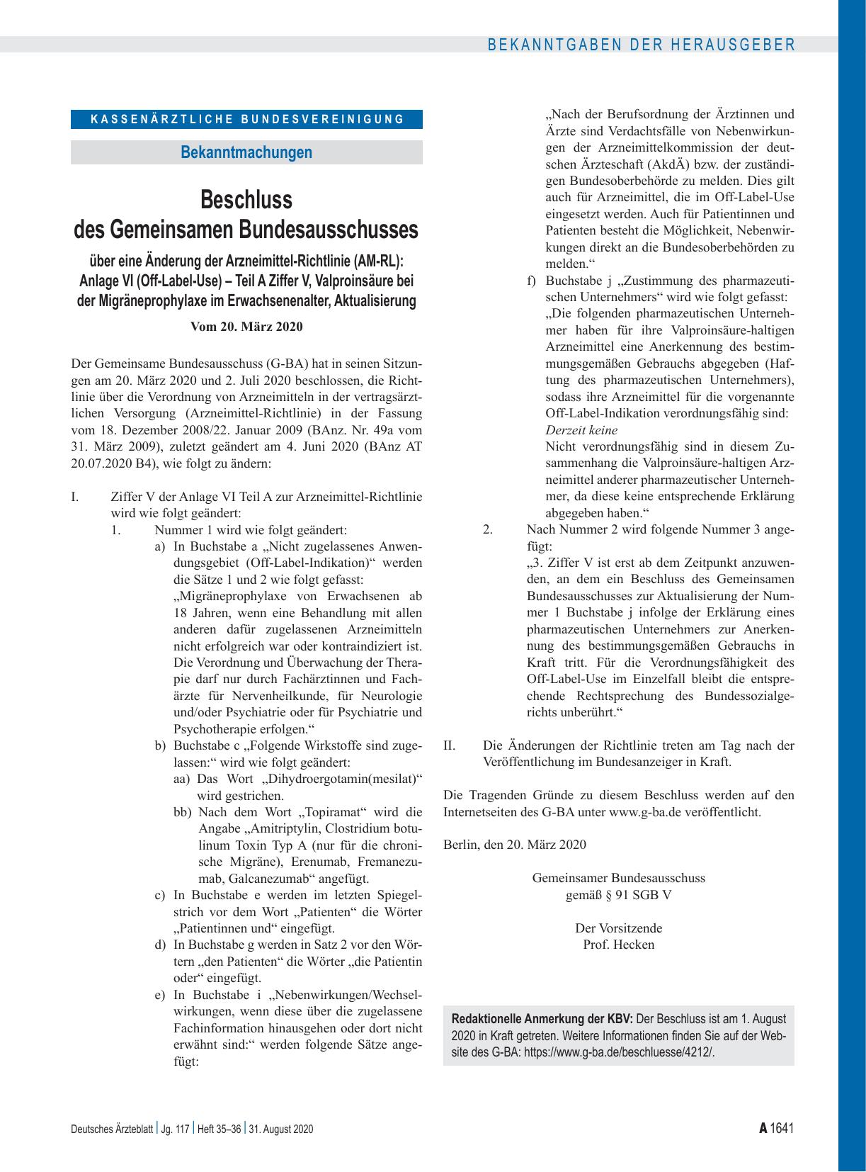 Vorschauseite 1: Beschluss des Gemeinsamen Bundesausschusses über eine Änderung der Arzneimittel-Richtlinie (AM-RL): Anlage VI (Off-Label-Use) – Teil A Ziffer V, Valproinsäure bei der Migräneproph…
