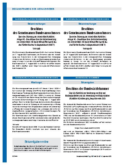 Vorschauseite 1: Beschluss der Bundesärztekammer über die Richtlinie zur Gewinnung von Blut und Blutbestandteilen und zur Anwendung von Blutprodukten (Richtlinie Hämotherapie), Gesamtnovelle 2023