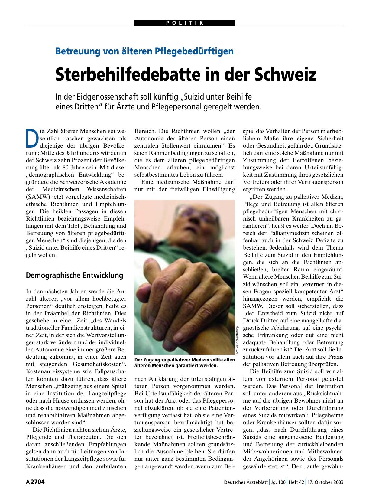 Vorschauseite 1: Betreuung von älteren Pflegebedürftigen: Sterbehilfedebatte in der Schweiz