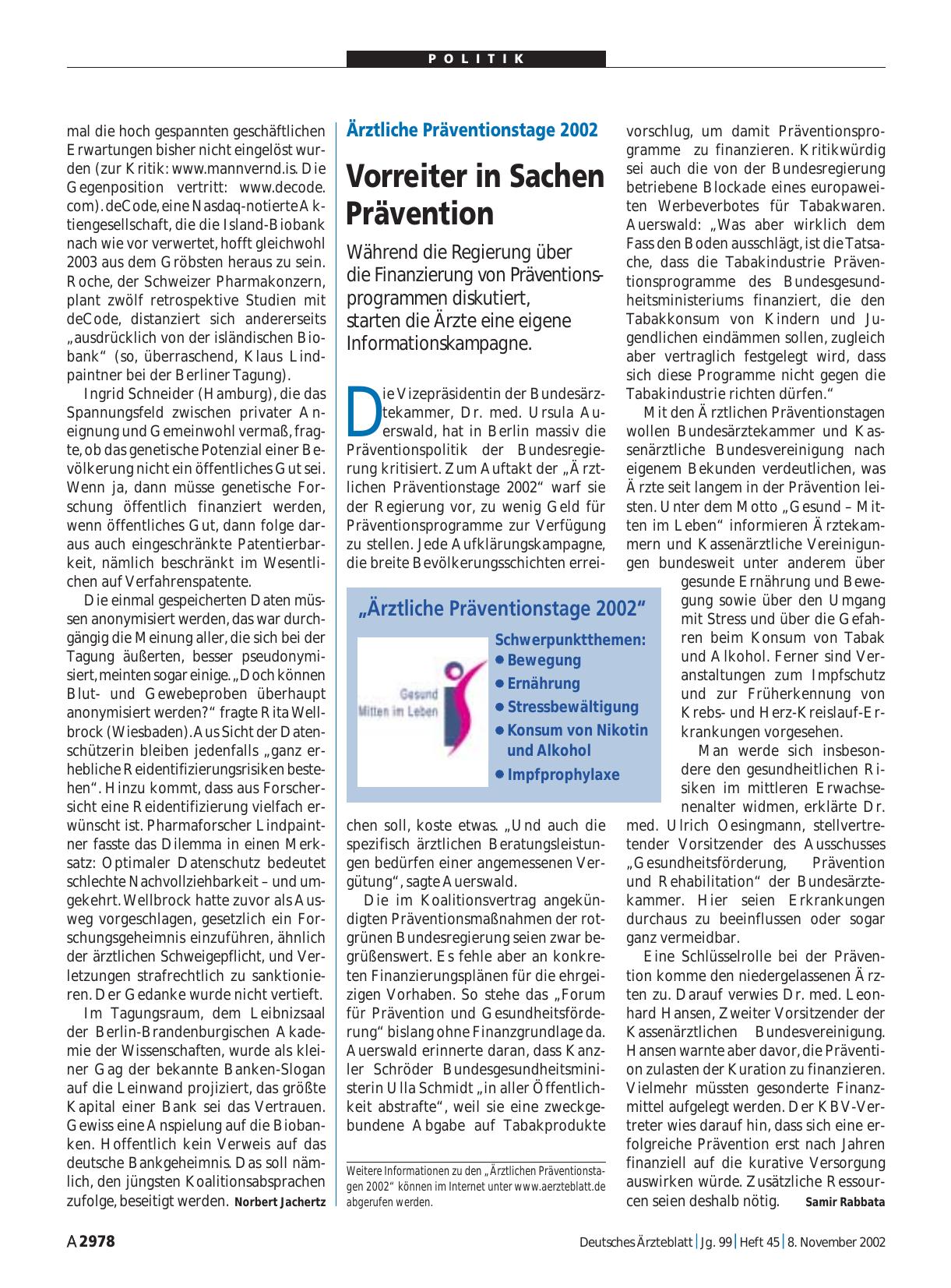 Vorschauseite 1: Ärztliche Präventionstage 2002: Vorreiter in Sachen Prävention