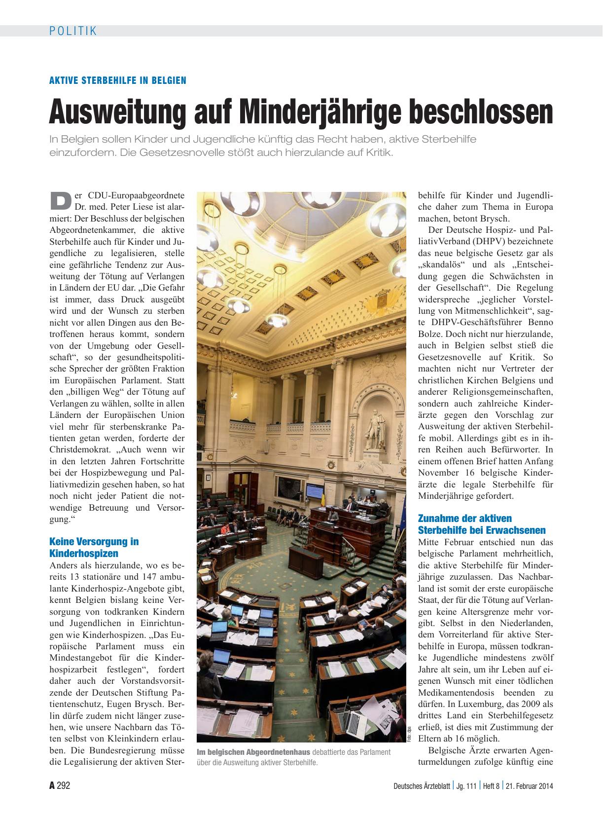 Vorschauseite 1: Aktive Sterbehilfe in Belgien: Ausweitung auf Minderjährige beschlossen