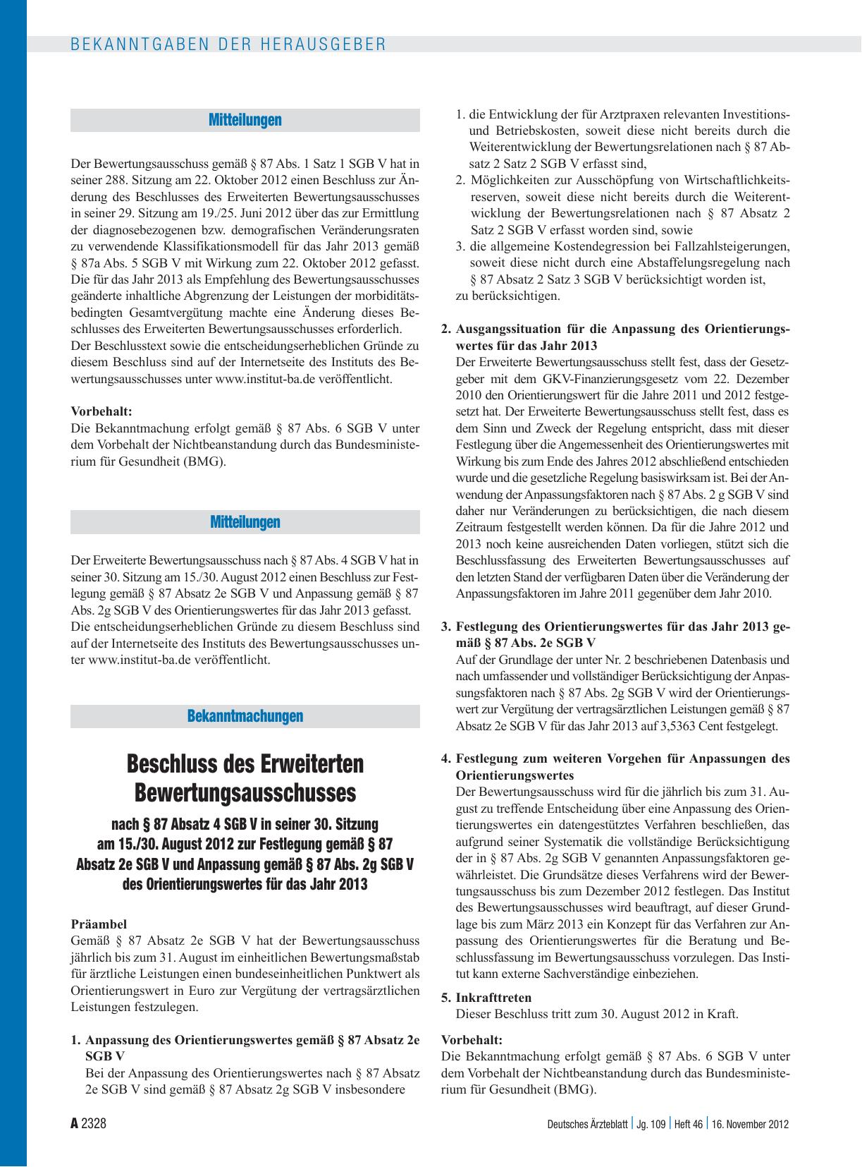 Vorschauseite 1: Beschluss des Erweiterten Bewertungsausschusses nach § 87 Absatz 4 SGB V in seiner 30. Sitzung am 15. /30. August 2012 zur Festlegung gemäß § 87 Absatz 2e SGB V und Anpassung gemä…