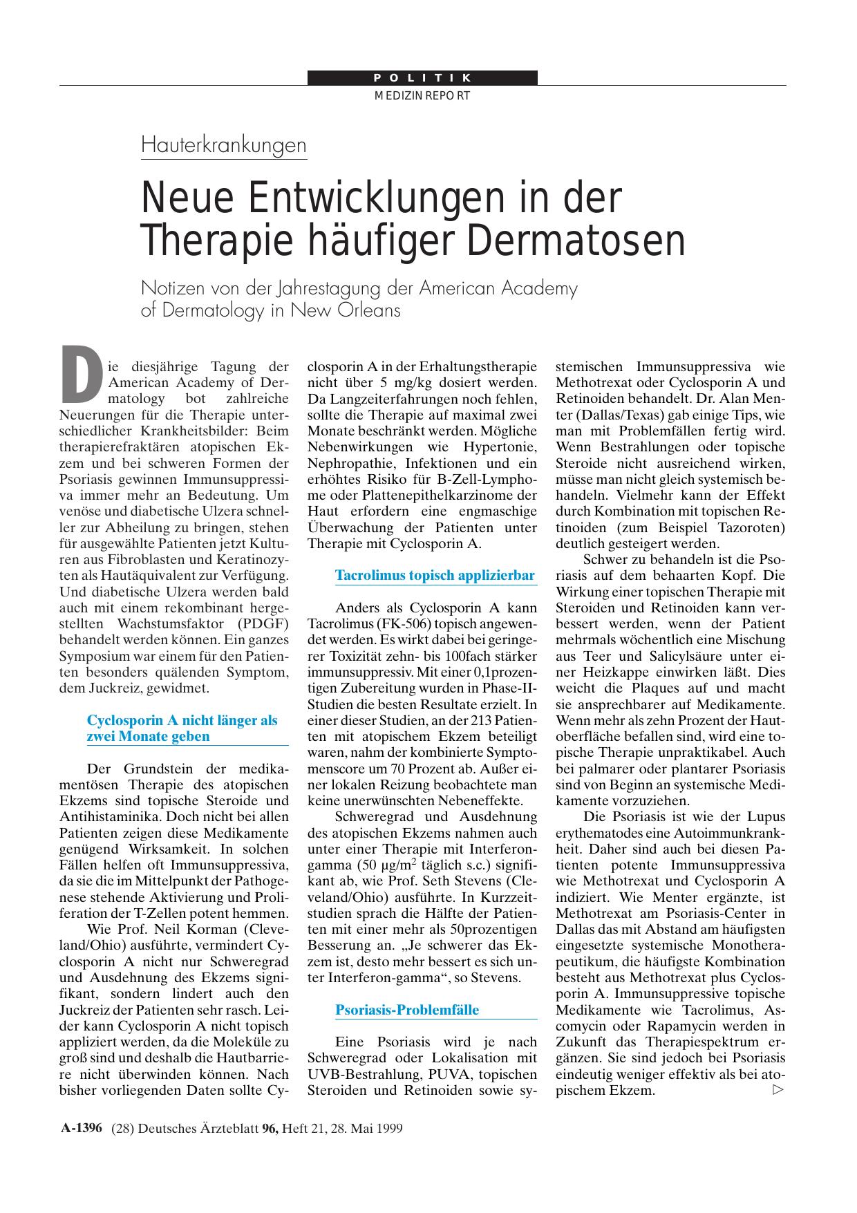 Vorschauseite 1: Hauterkrankungen: Neue Entwicklungen in der Therapie häufiger Dermatosen