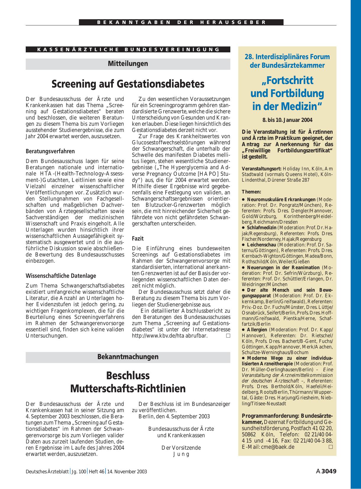 Vorschauseite 1: Mitteilungen: Screening auf Gestationsdiabetes