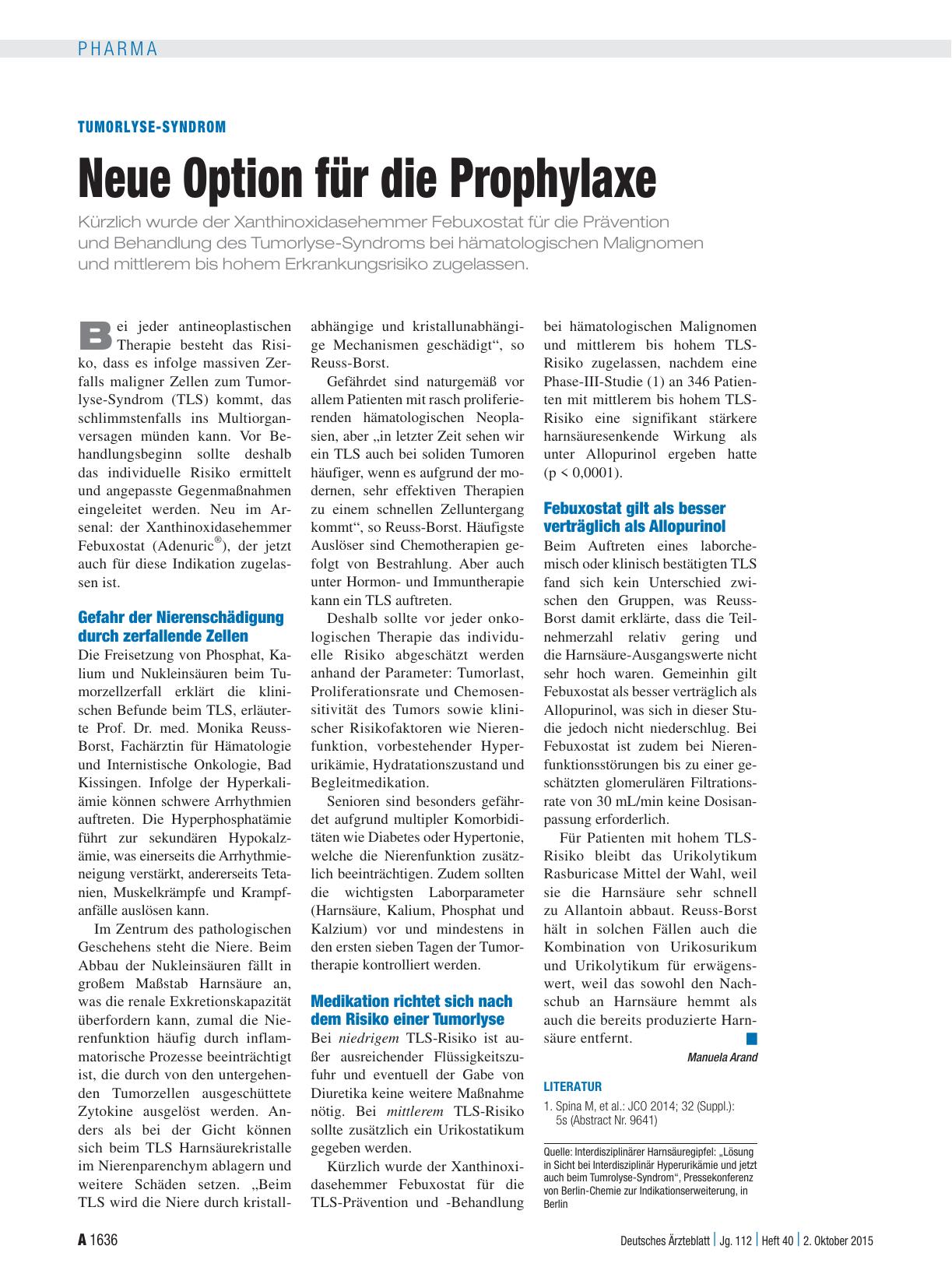 Vorschauseite 1: Tumorlyse-Syndrom: Neue Option für die Prophylaxe
