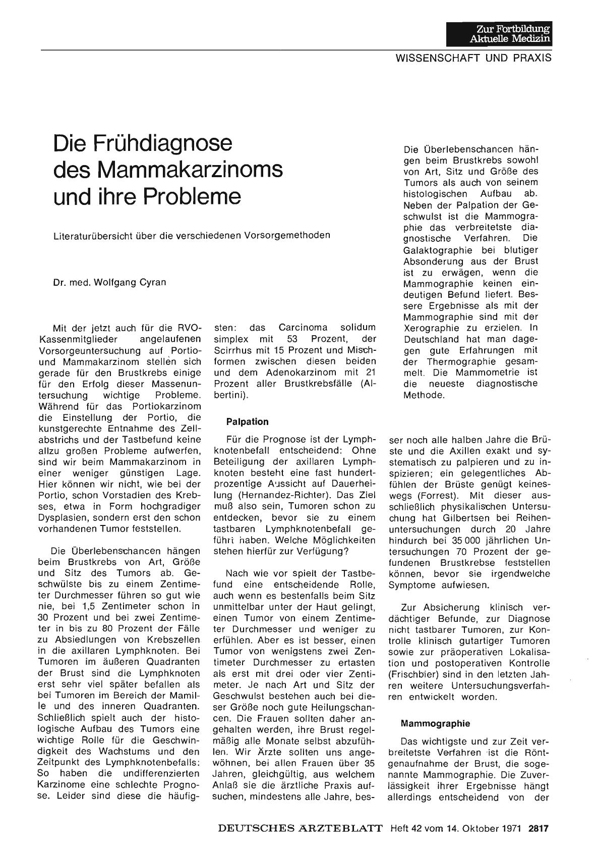 Vorschauseite 1: Die Frühdiagnose des Mammakarzinoms und ihre Probleme