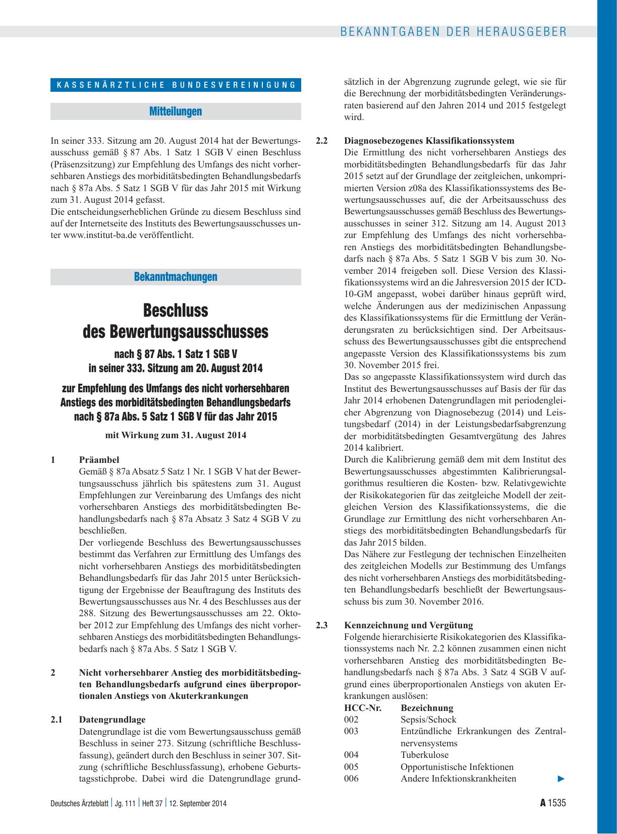 Vorschauseite 1: Beschluss des Bewertungsausschusses nach § 87 Abs. 1 Satz 1 SGB V in seiner 333. Sitzung am 20. August 2014 zur Empfehlung des Umfangs des nicht vorhersehbaren Anstiegs des morbid…