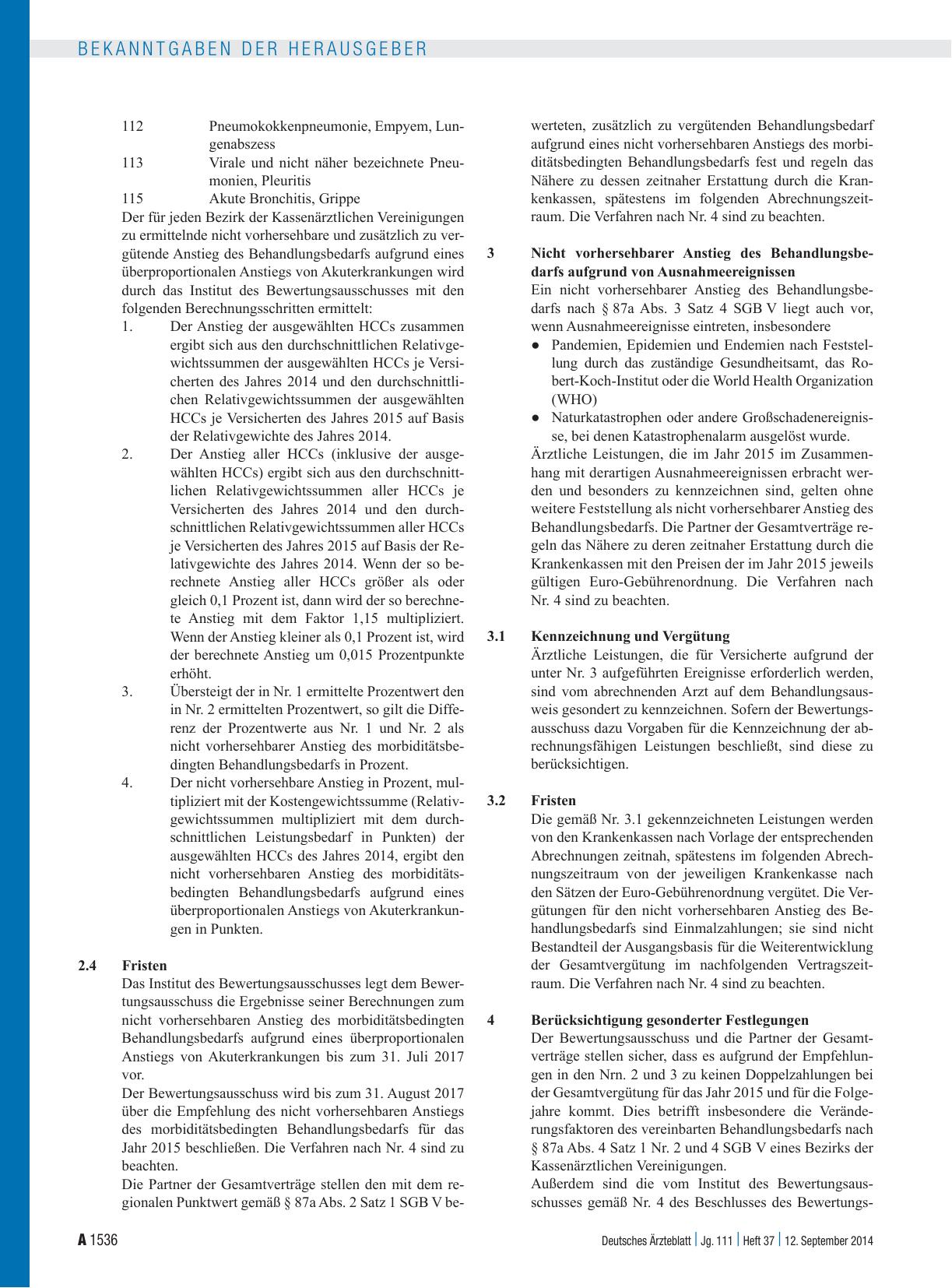 Vorschauseite 2: Beschluss des Bewertungsausschusses nach § 87 Abs. 1 Satz 1 SGB V in seiner 333. Sitzung am 20. August 2014 zur Empfehlung des Umfangs des nicht vorhersehbaren Anstiegs des morbid…