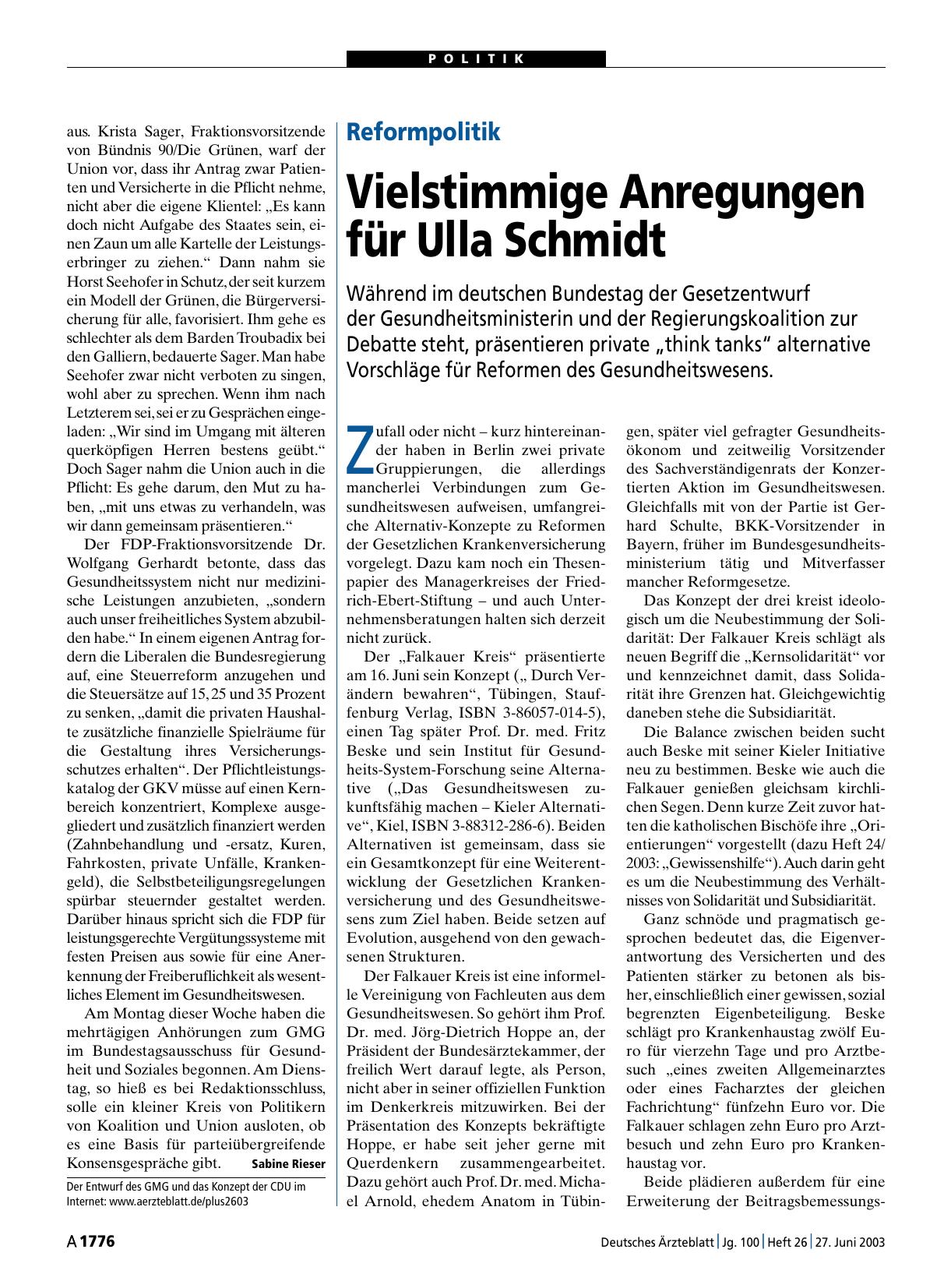 Vorschauseite 1: Reformpolitik: Vielstimmige Anregungen für Ulla Schmidt