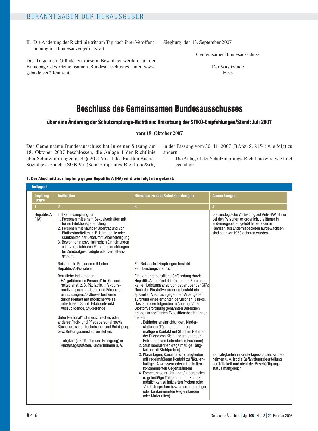 Vorschauseite 1: Beschluss des Gemeinsamen Bundesausschusses über eine Änderung der Schutzimpfungs-Richtlinie: Umsetzung der STIKO-Empfehlungen/Stand: Juli 2007 vom 18. Oktober 2007