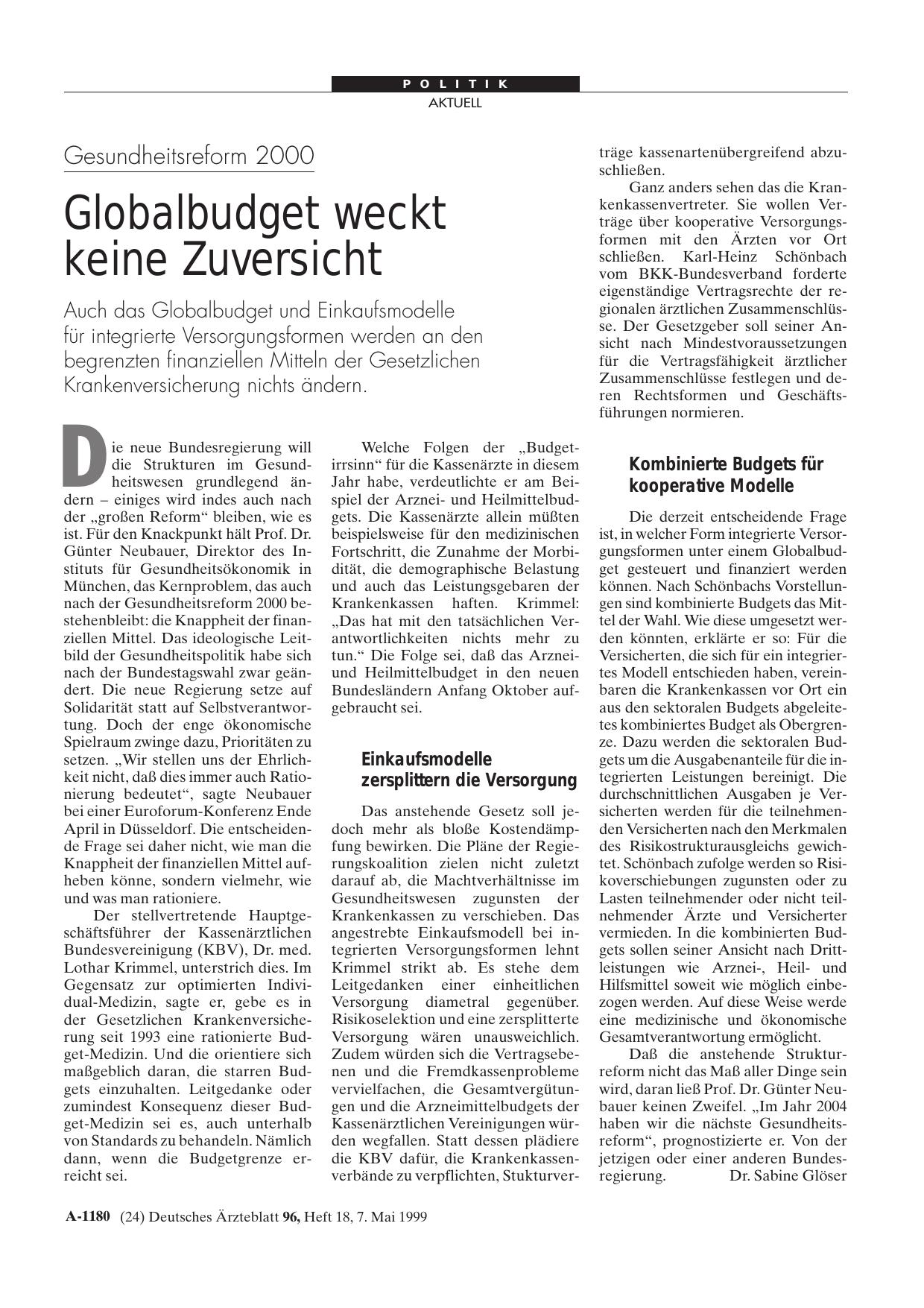 Vorschauseite 1: Gesundheitsreform 2000: Globalbudget weckt keine Zuversicht