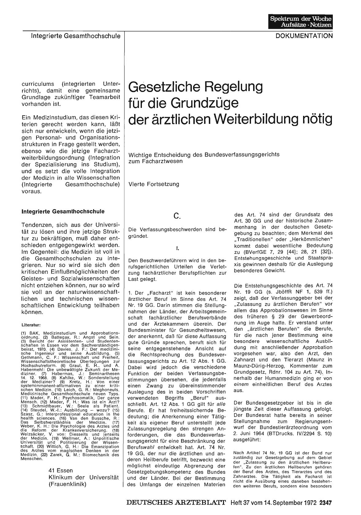Vorschauseite 1: Gesetzliche Regelung für die Grundzüge der ärztlichen Weiterbildung nötig — Vierte Fortsetzung