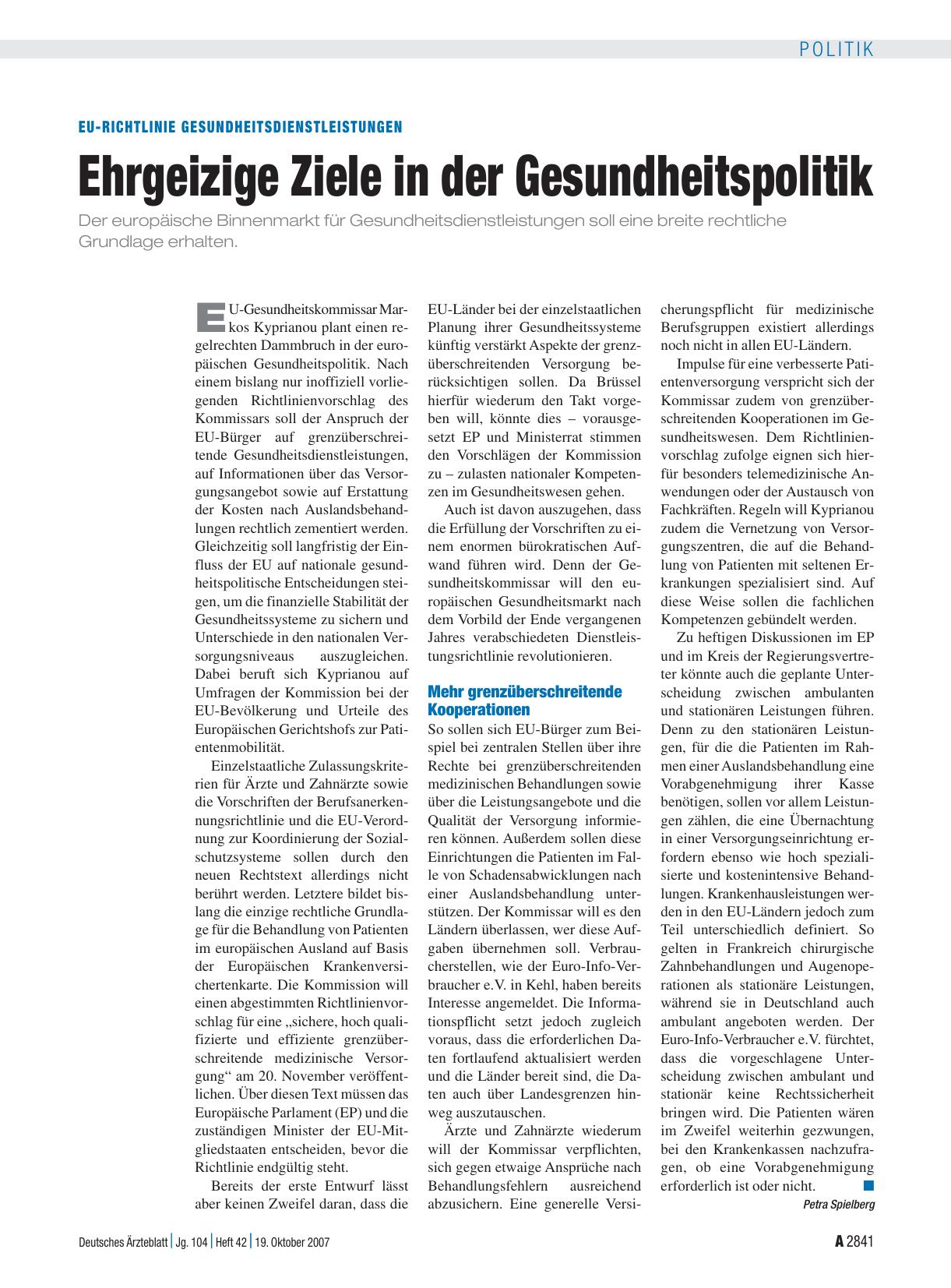 Vorschauseite 1: EU-Richtlinie Gesundheitsdienstleistungen: Ehrgeizige Ziele in der Gesundheitspolitik