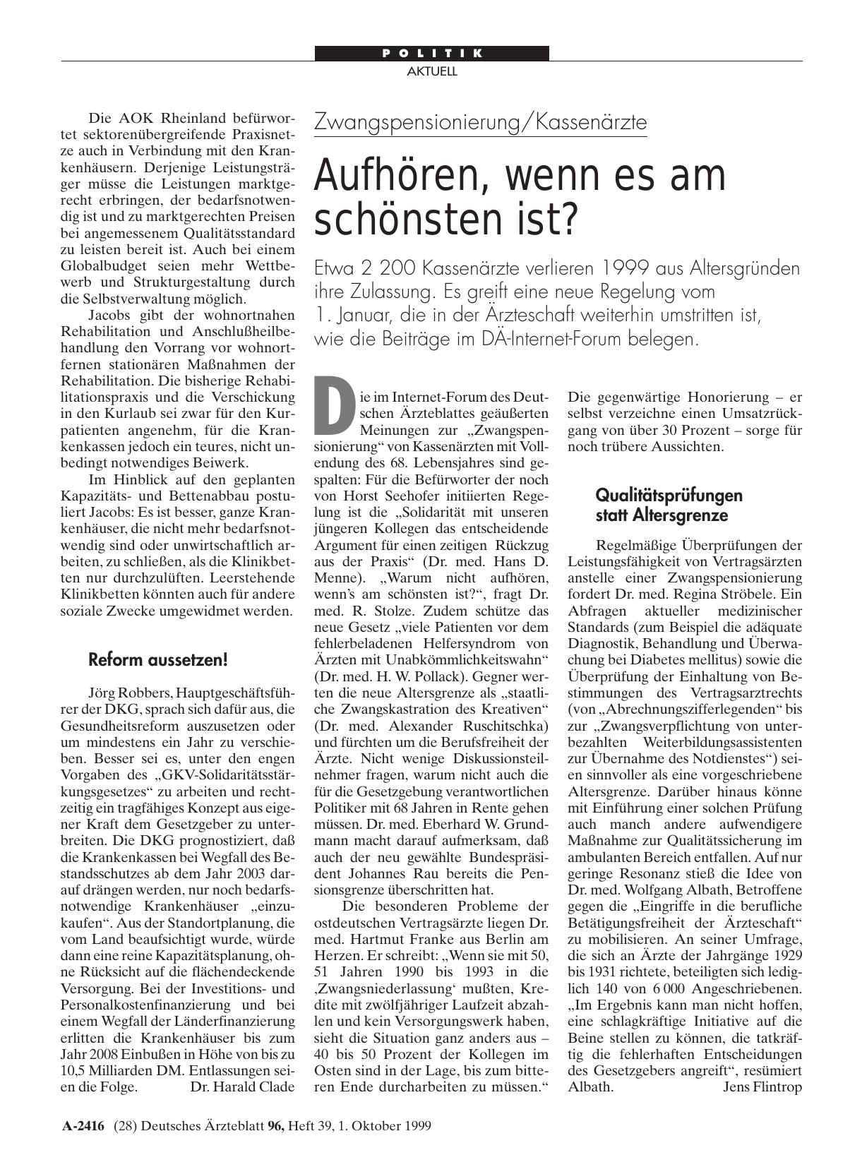 Vorschauseite 1: Zwangspensionierung/Kassenärzte: Aufhören, wenn es am schönsten ist?