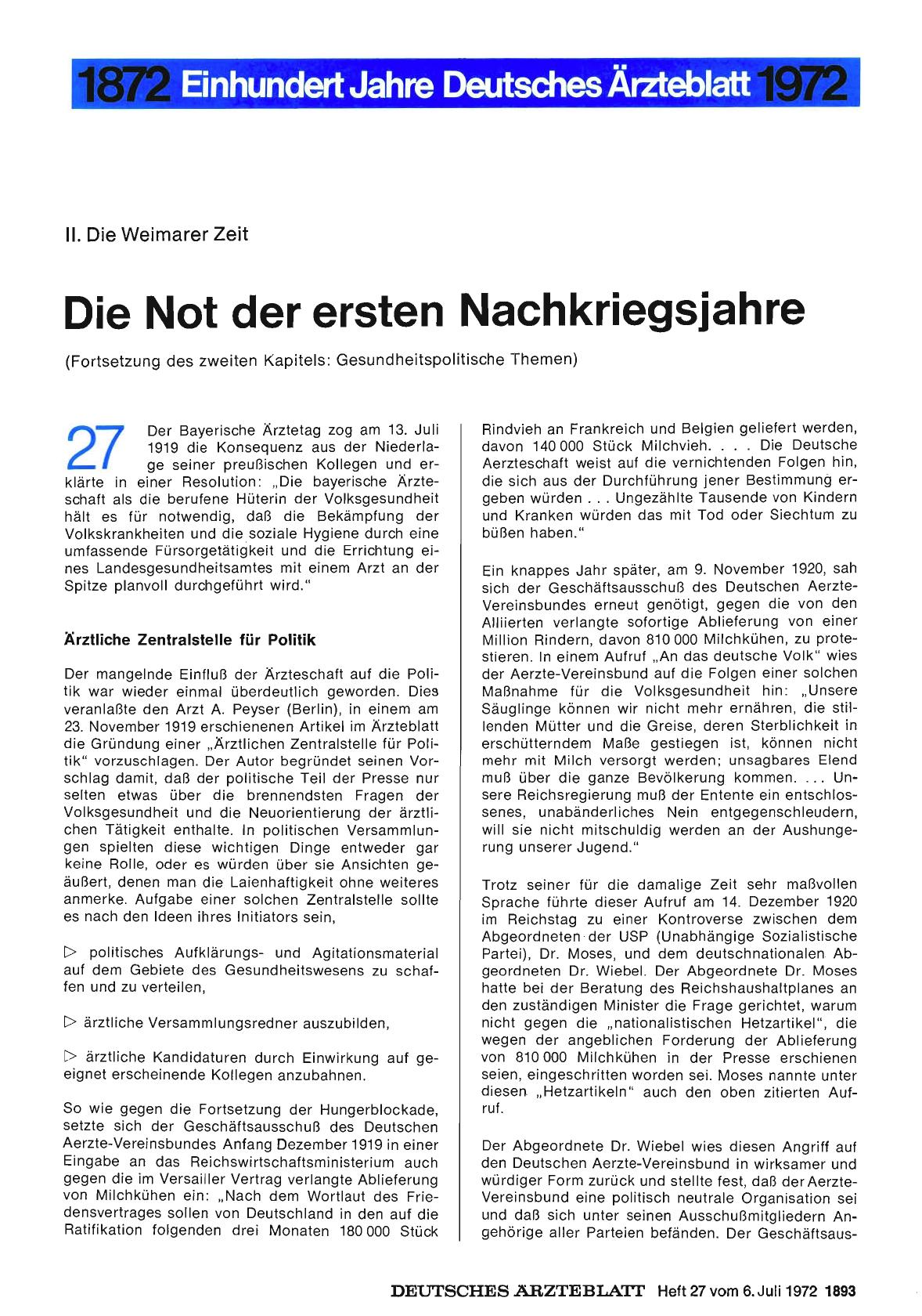 Vorschauseite 1: II. Die Weimarer Zeit: Die Not der ersten Nachkriegsjahre (Fortsetzung des zweiten Kapitels: Gesundheitspolitische Themen)