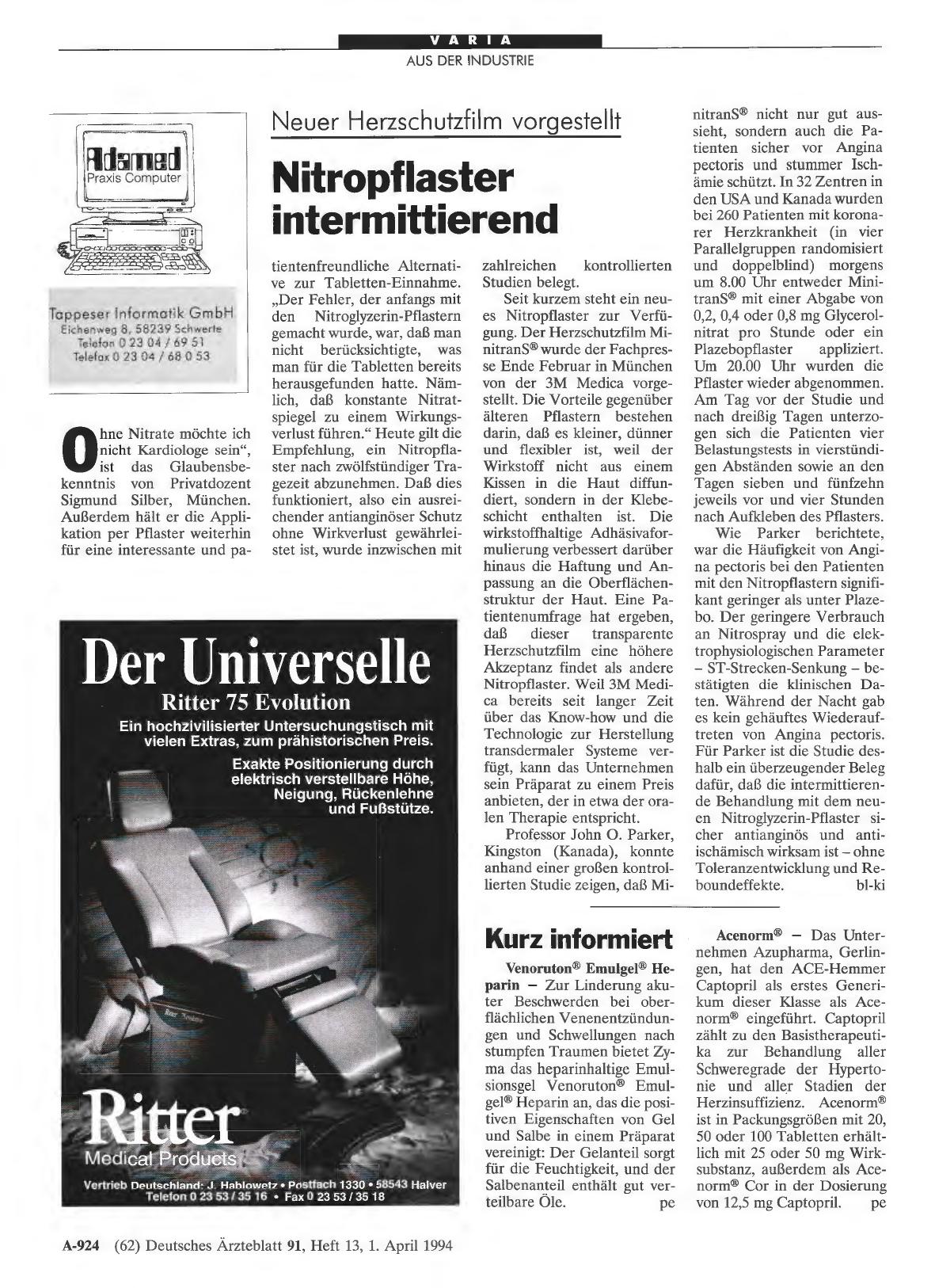 Vorschauseite 1: Neuer Herzschutzfilm vorgestellt: Nitropflaster intermittierend
