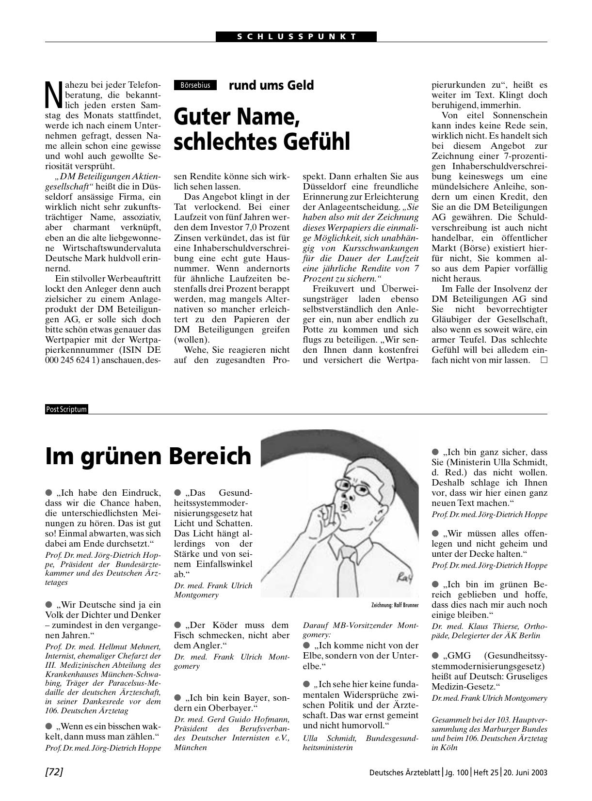 Vorschauseite 1: Börsebius rund ums Geld: Guter Name, schlechtes Gefühl