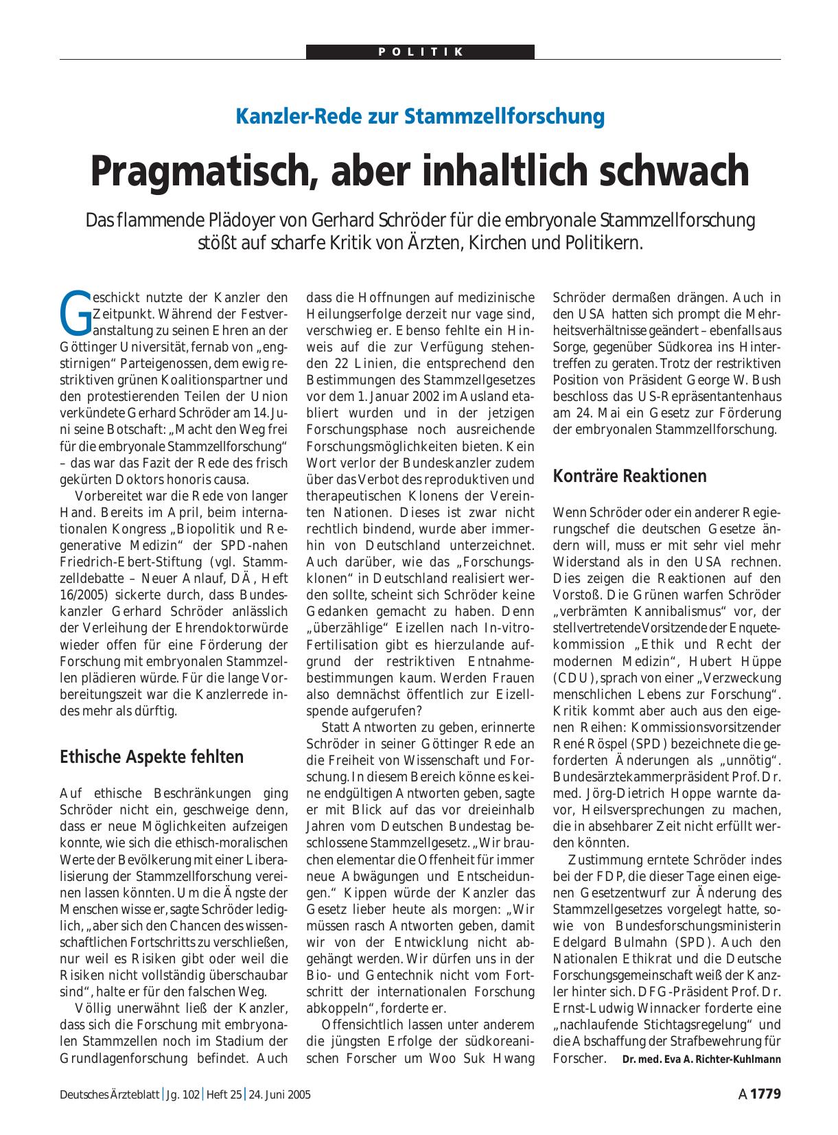 Vorschauseite 1: Kanzler-Rede zur Stammzellforschung: Pragmatisch, aber inhaltlich schwach