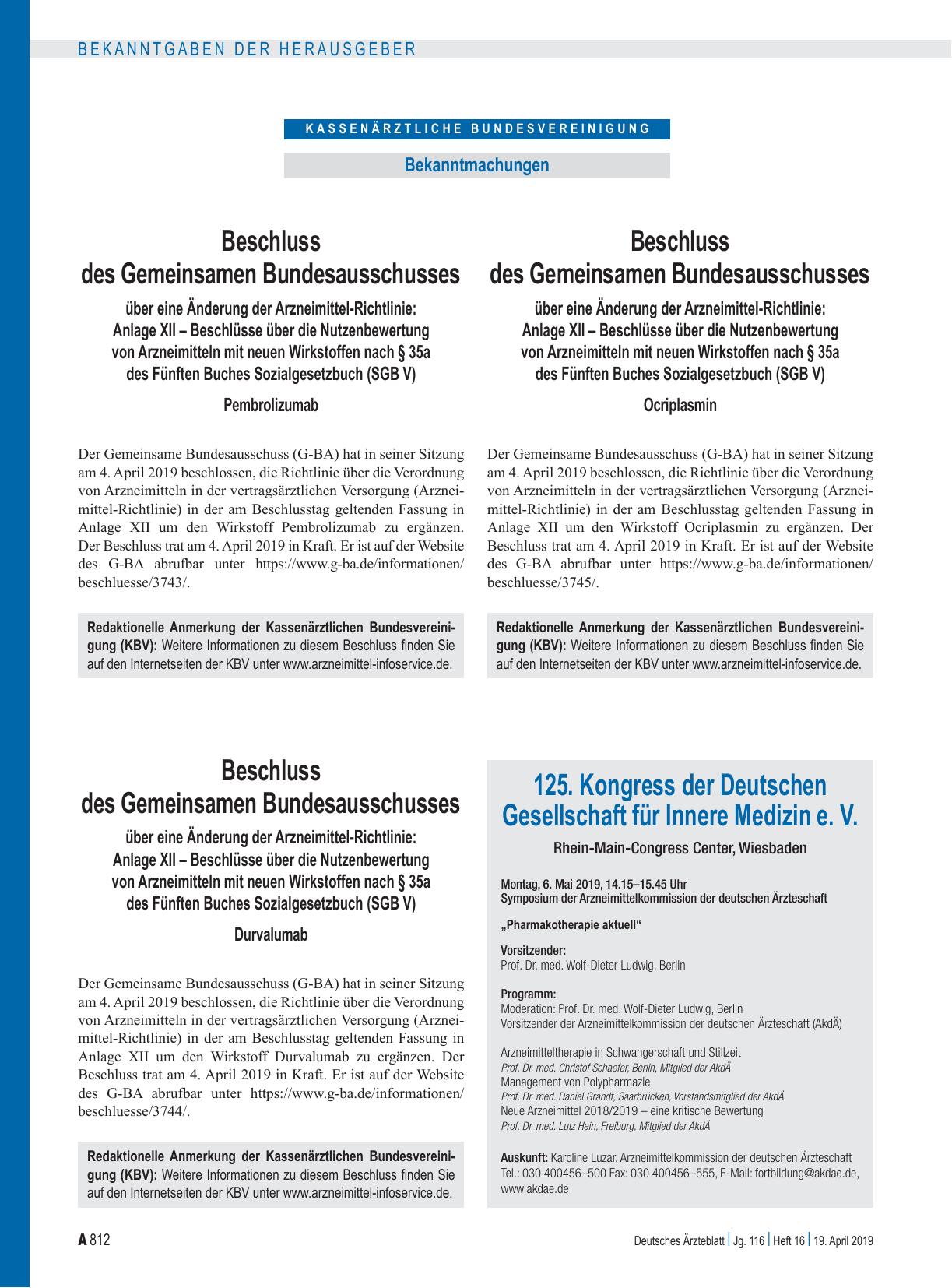 Vorschauseite 1: Beschluss des Gemeinsamen Bundesausschusses über eine Änderung der Arzneimittel-Richtlinie: Anlage XII – Ocriplasmin