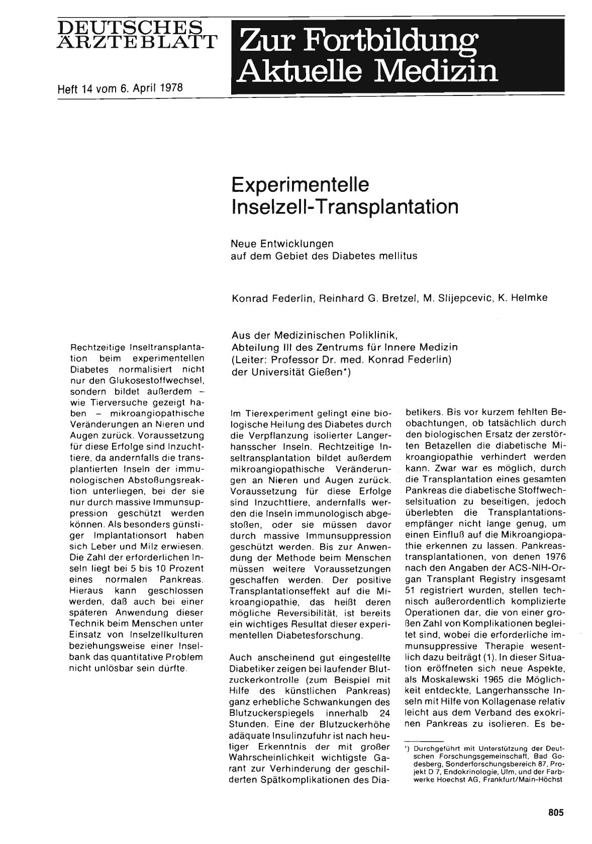 Vorschauseite 1: Experimentelle Inselzell-Transplantation