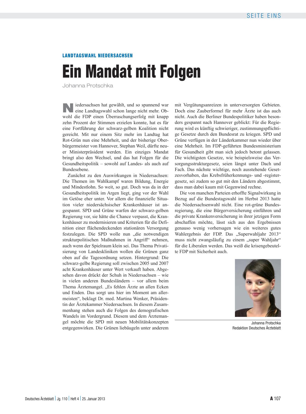 Vorschauseite 1: Landtagswahl Niedersachsen: Ein Mandat mit Folgen