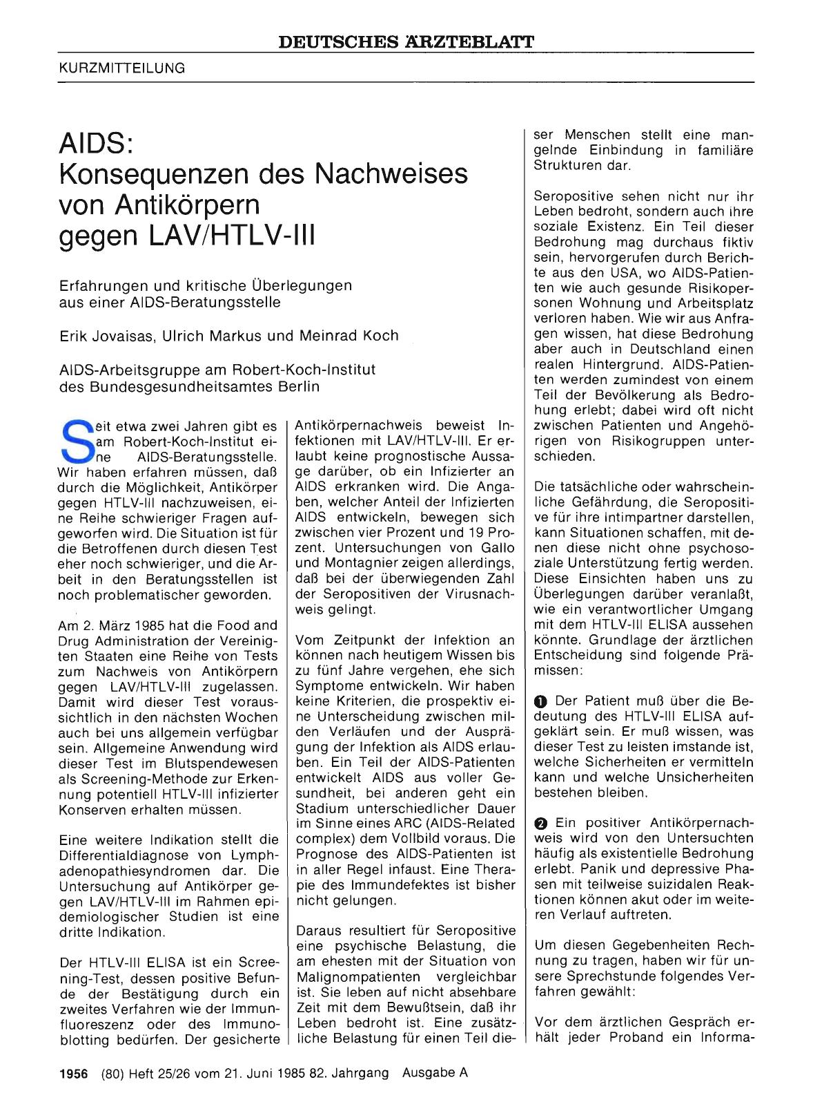 Vorschauseite 1: AIDS: Konsequenzen des Nachweises von Antikörpern gegen LAV/HTLV-III