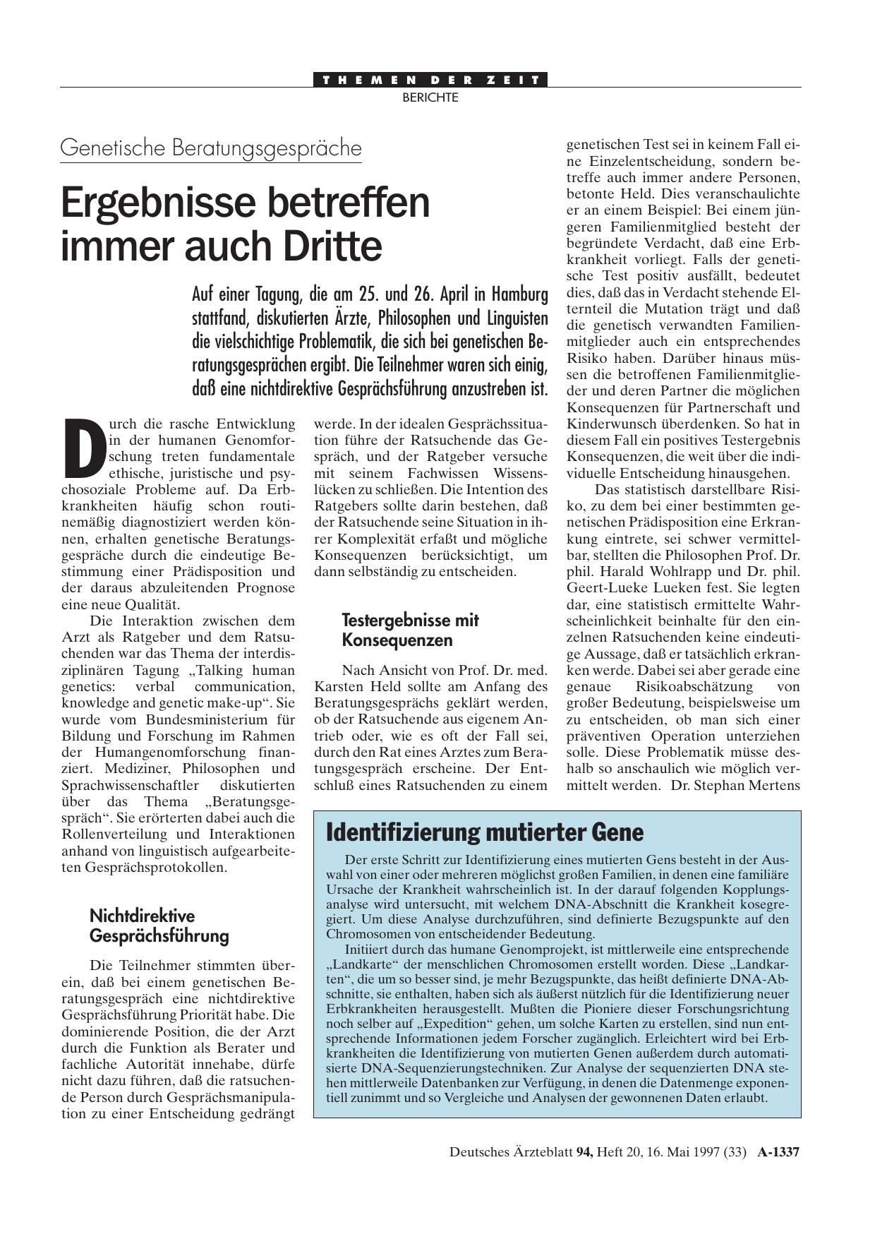 Vorschauseite 1: Genetische Beratungsgespräche: Ergebnisse betreffen immer auch Dritte