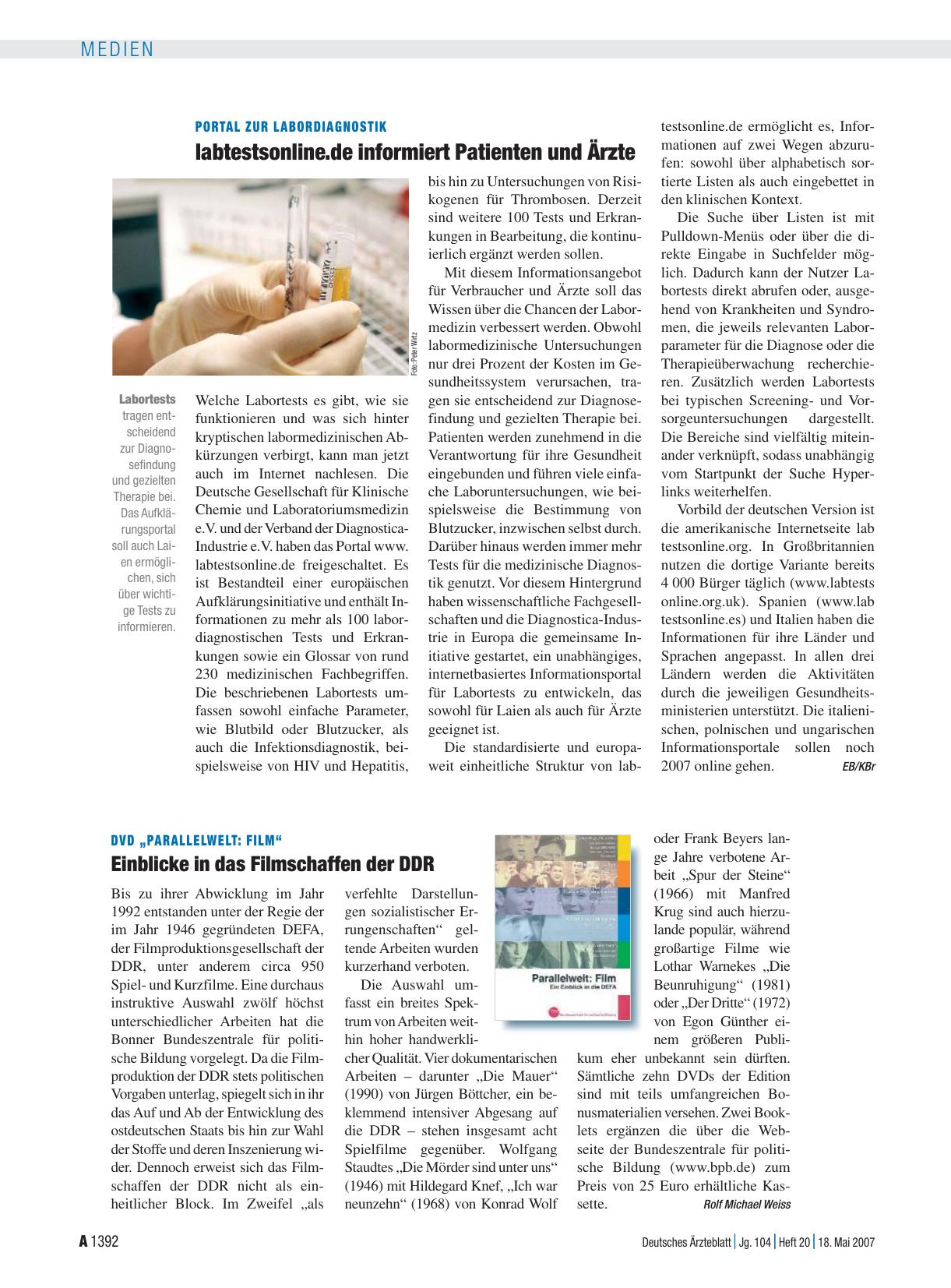 Vorschauseite 1: Portal zur Labordiagnostik: labtestsonline. de informiert Patienten und Ärzte
