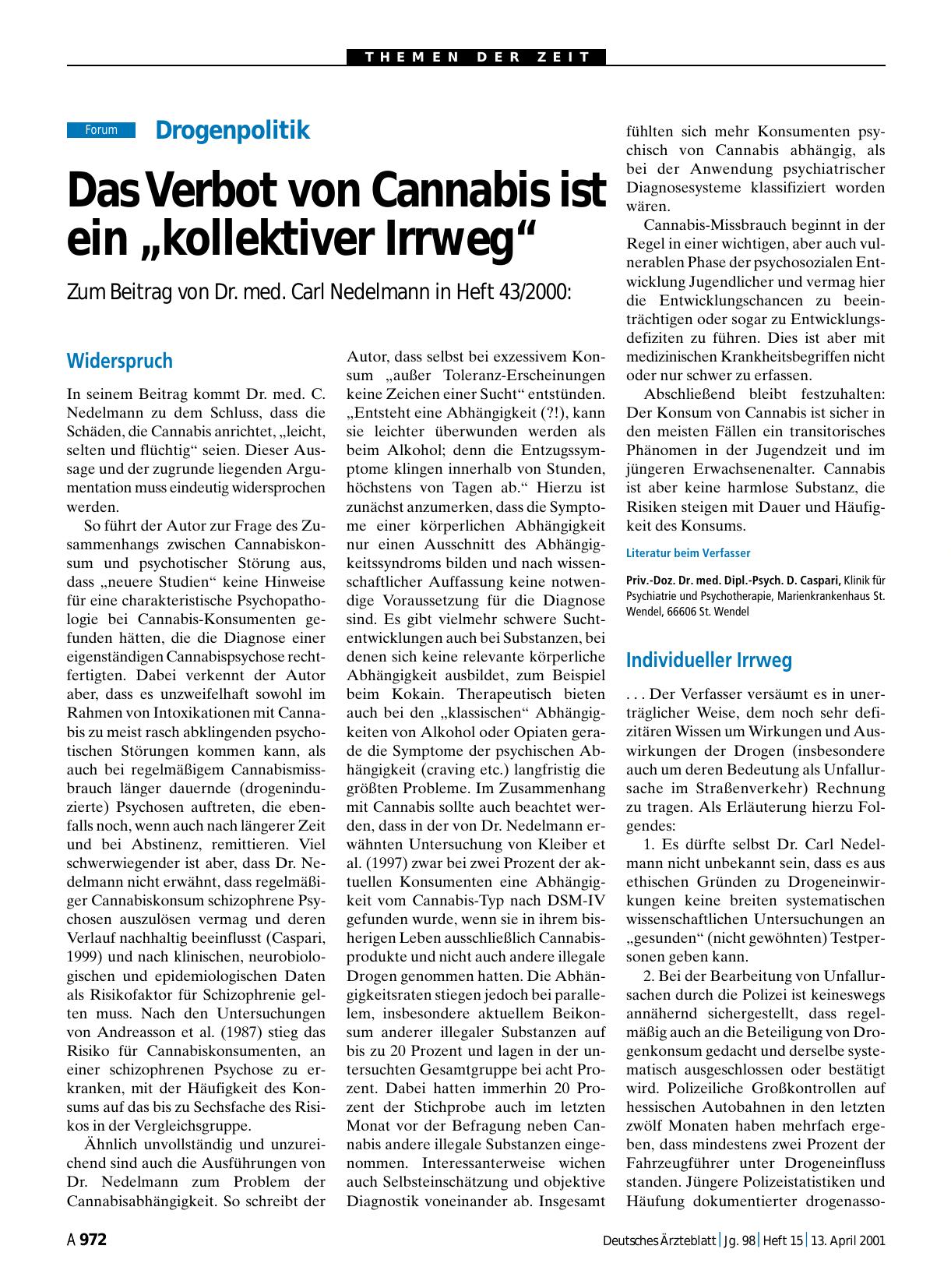 Vorschauseite 1: Drogenpolitik - Das Verbot von Cannabis ist ein „kollektiver Irrweg“: Individueller Irrweg