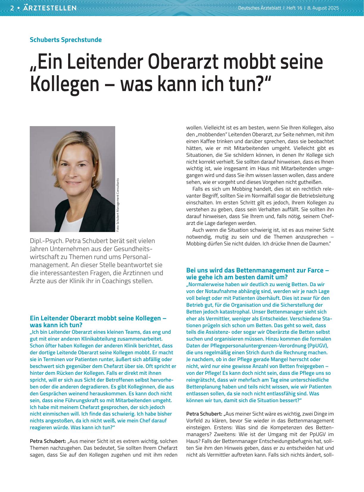 Vorschauseite 1: Schuberts Sprechstunde: „Ein Leitender Oberarzt mobbt seine Kollegen – was kann ich tun? “