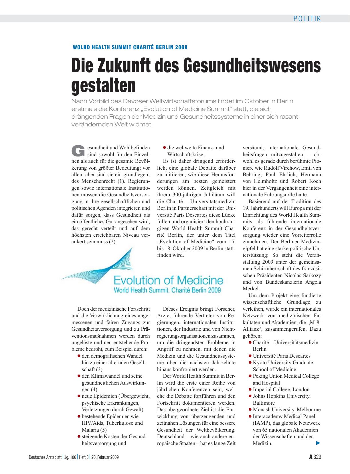 Vorschauseite 1: World Health Summit Charité Berlin 2009: Die Zukunft des Gesundheitswesens gestalten