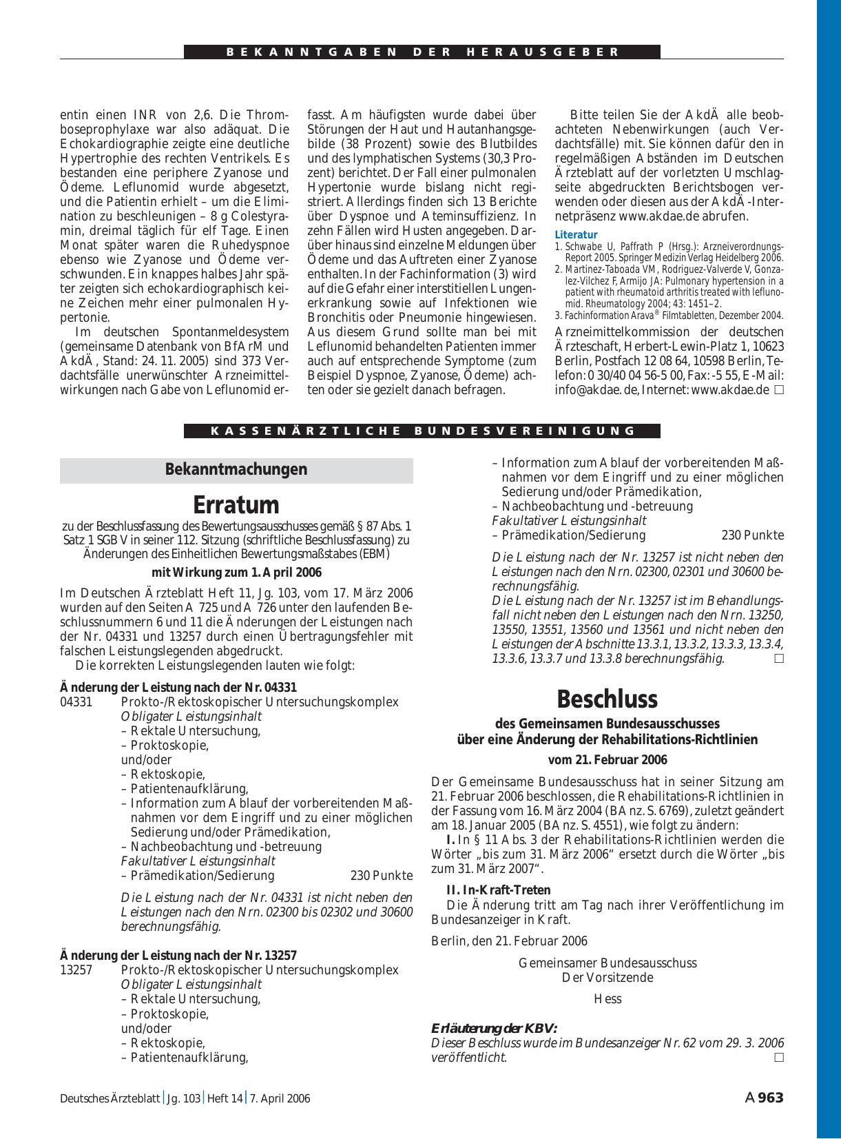Vorschauseite 1: Bekanntmachungen: Beschluss des Gemeinsamen Bundesausschusses über eine Änderung der Rehabilitations-Richtlinien vom 21. Februar 2006