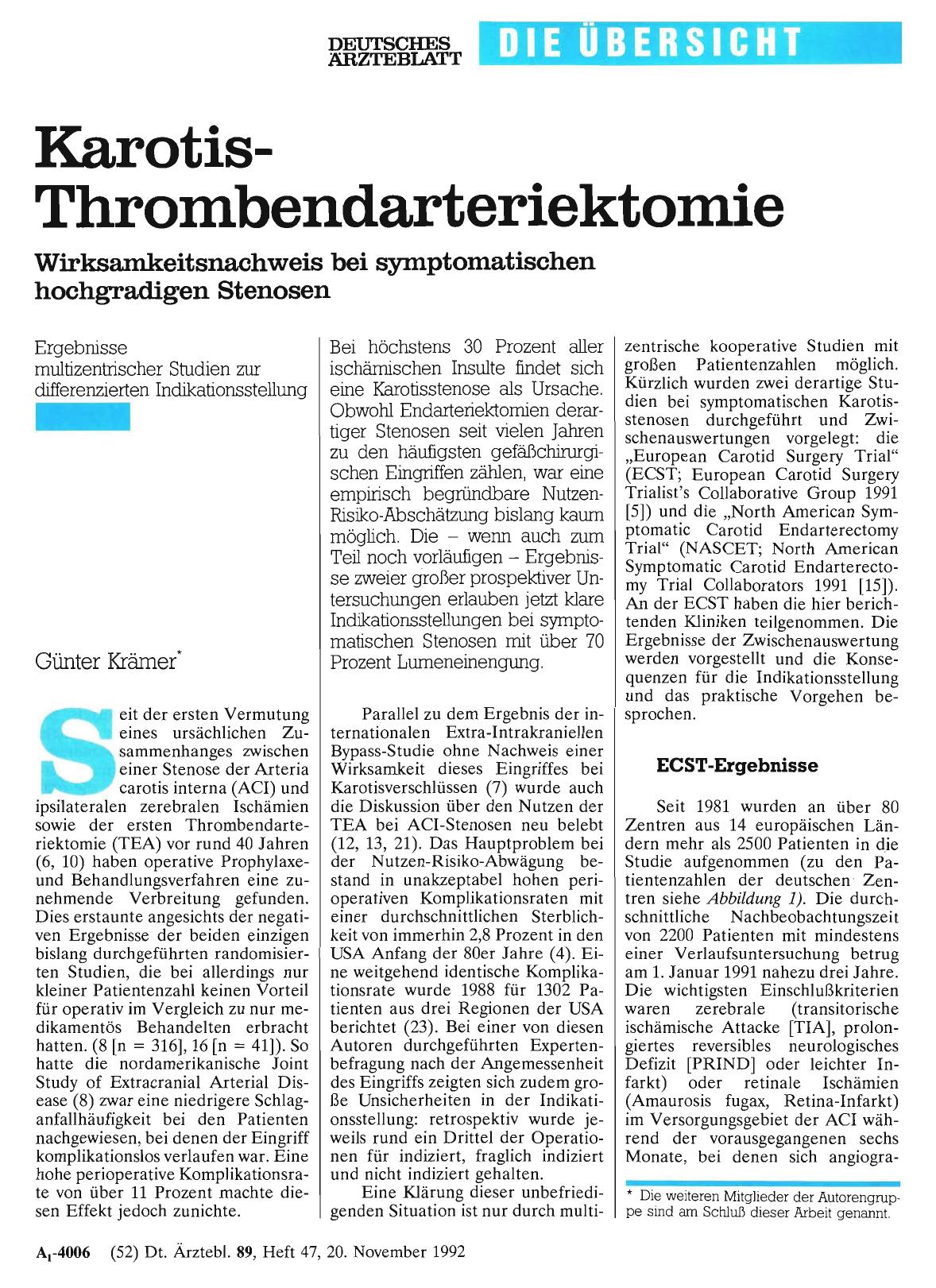 Vorschauseite 1: Karotis-Thrombendarteriektomie: Wirksamkeitsnachweis bei symptomatischen hochgradigen Stenosen