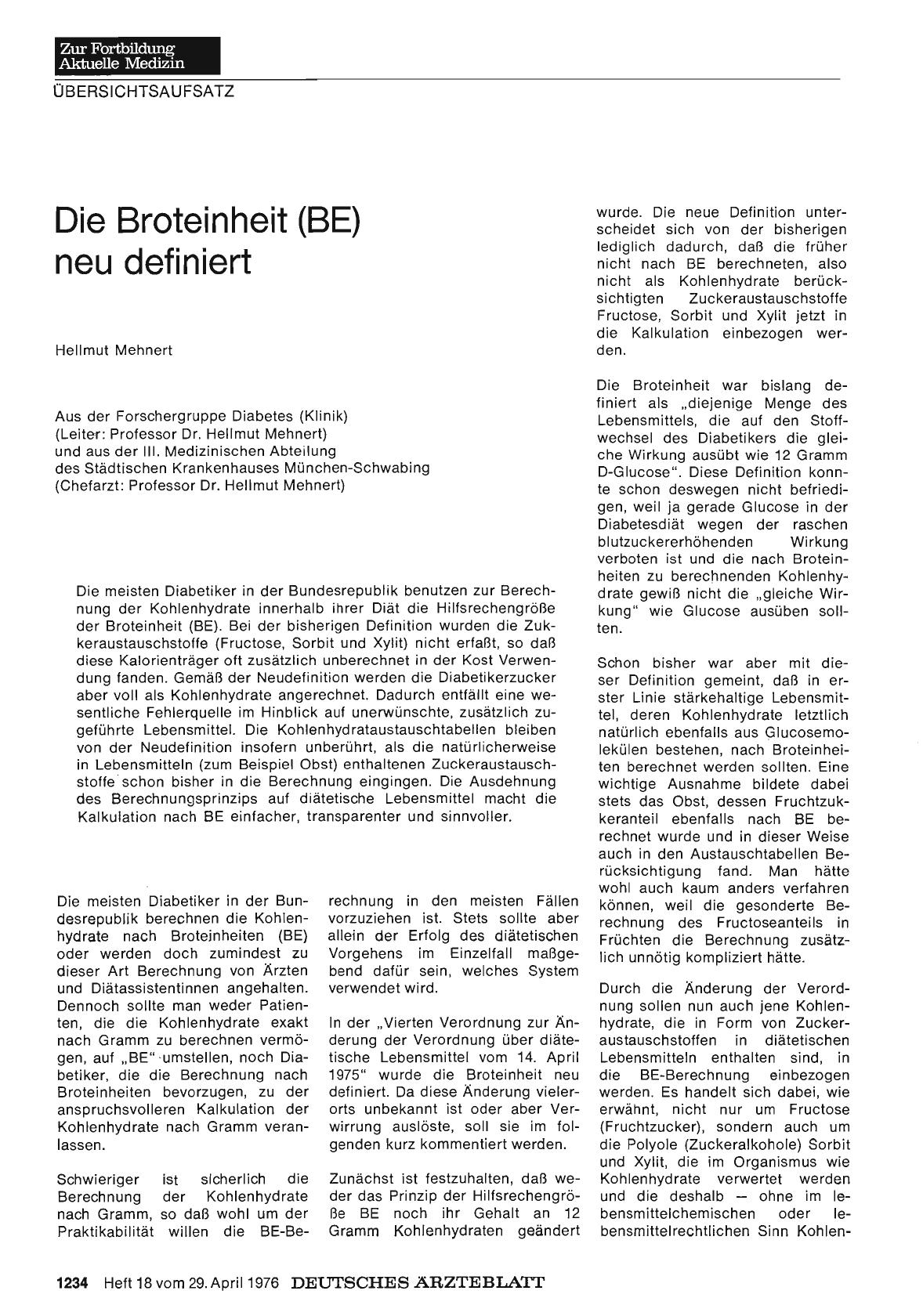 Vorschauseite 1: Die Broteinheit (BE) neu definiert