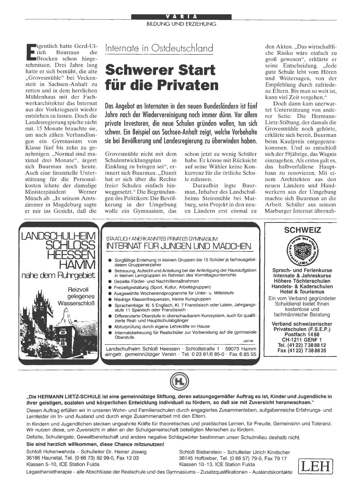 Vorschauseite 1: Internate in Ostdeutschland: Schwerer Start für die Privaten