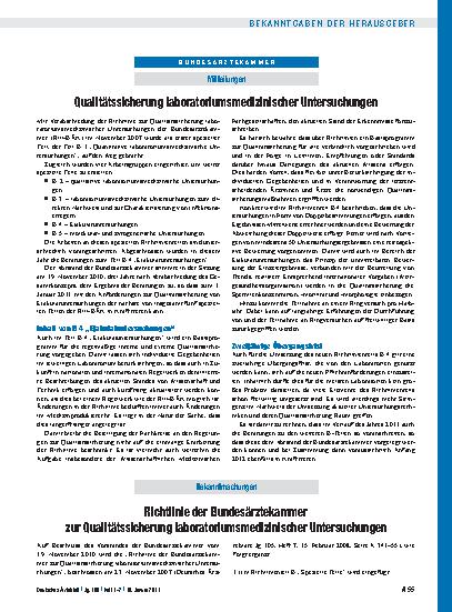 Vorschauseite 1: Richtlinie der Bundesärztekammer zur Qualitätssicherung laboratoriumsmedizinischer Untersuchungen