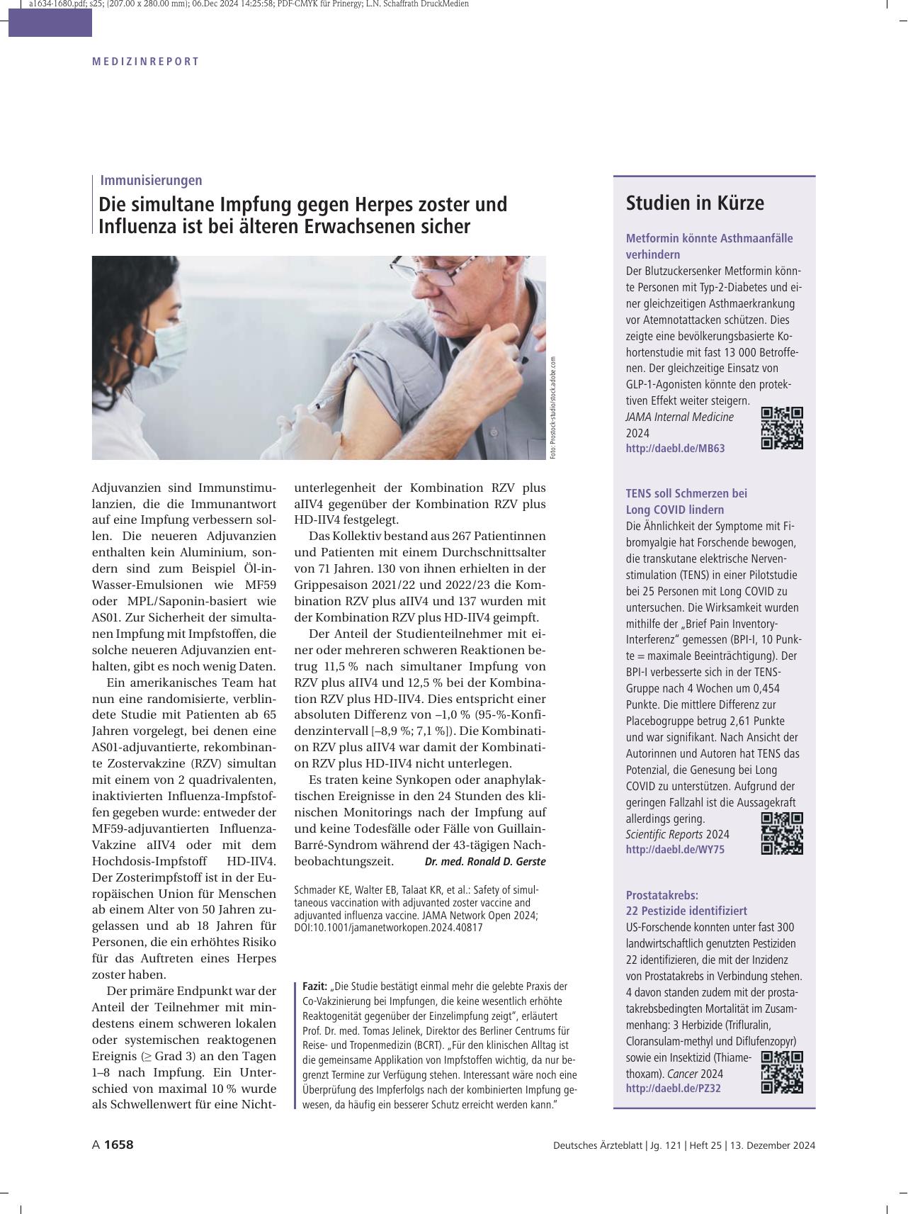 Vorschauseite 1: Immunisierungen: Die simultane Impfung gegen Herpes zoster und Influenza ist bei älteren Erwachsenen sicher.