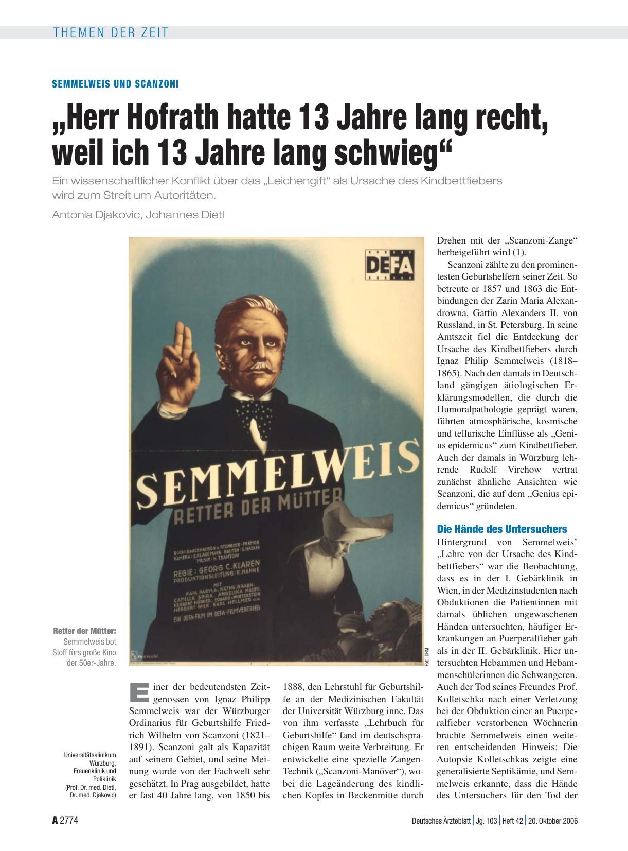 Vorschauseite 1: Semmelweis und Scanzoni: „Herr Hofrath hatte 13 Jahre lang recht, weil ich 13 Jahre lang schwieg“