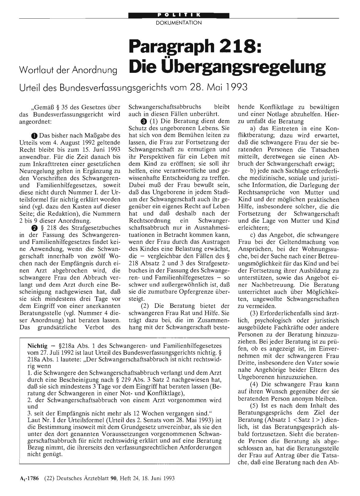 Vorschauseite 1: Paragraph 218: Die Übergangsregelung: Wortlaut der Anordnung