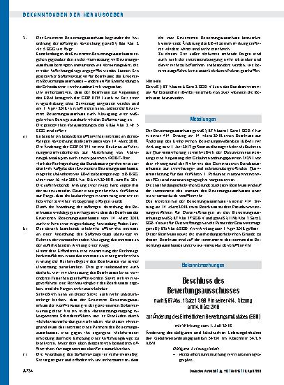 Vorschauseite 1: Beschluss des Bewertungsausschusses nach § 87 Abs. 1 Satz 1 SGB V in seiner 414. Sitzung am 14. März 2018 zur Änderung des Einheitlichen Bewertungsmaßstabes (EBM)