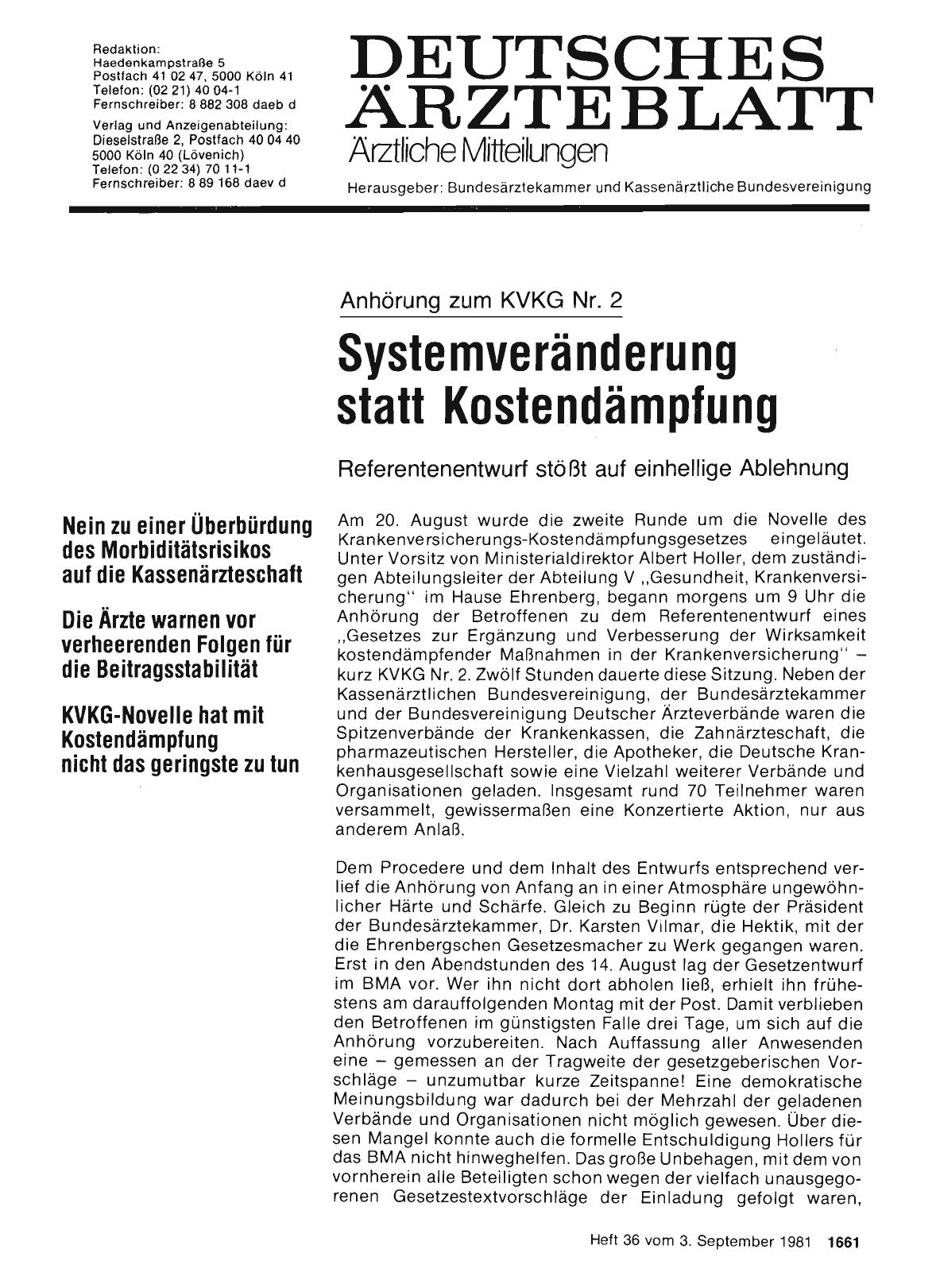 Vorschauseite 1: Anhörung zum KVKG Nr. 2: Systemveränderung statt Kostendämpfung (Teil 1)