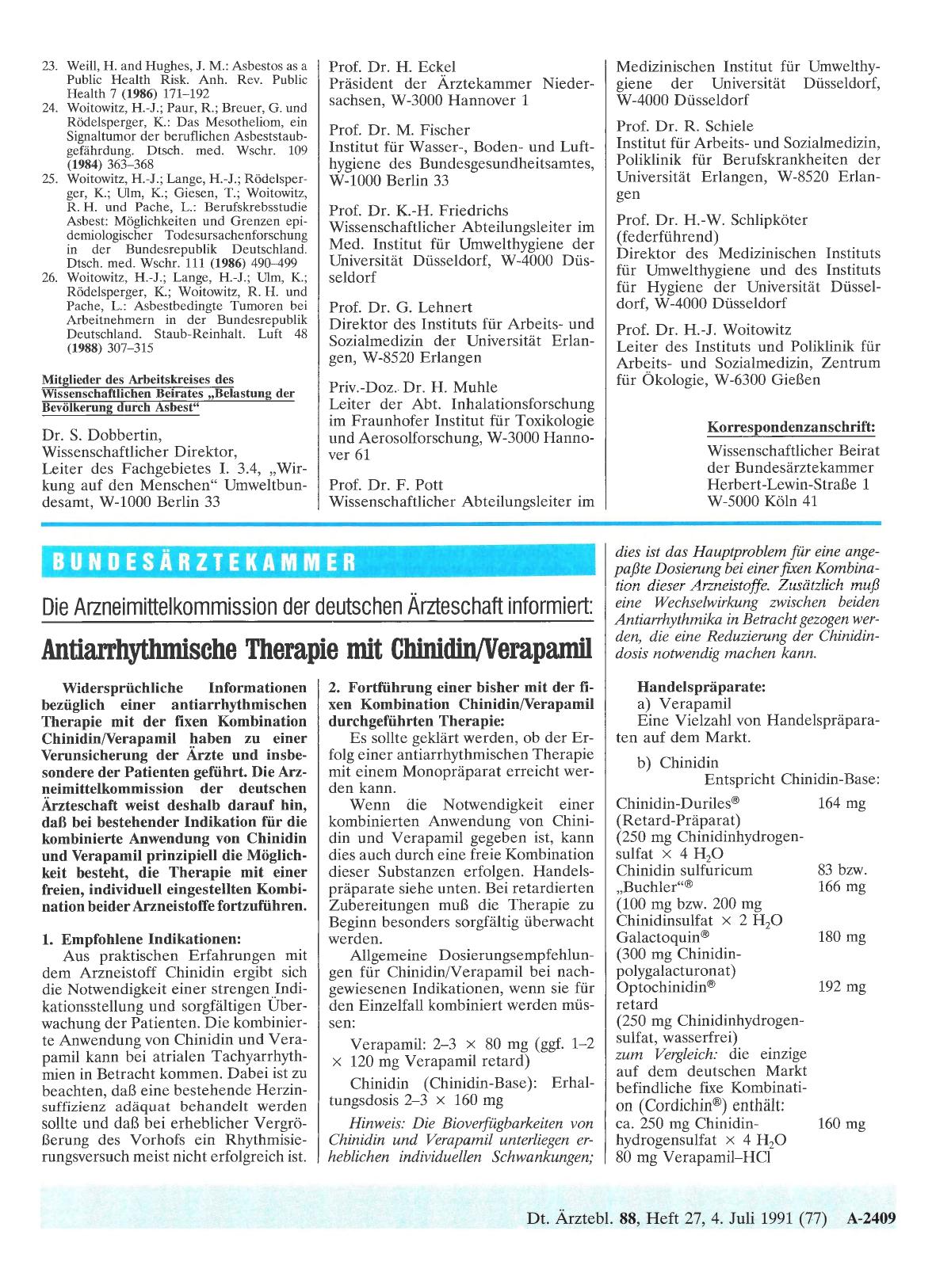 Vorschauseite 1: Die Arzneimittelkommission der deutschen Ärzteschaft informiert: Antiarrhythmische Therapie mit Chinidin/Verapamil