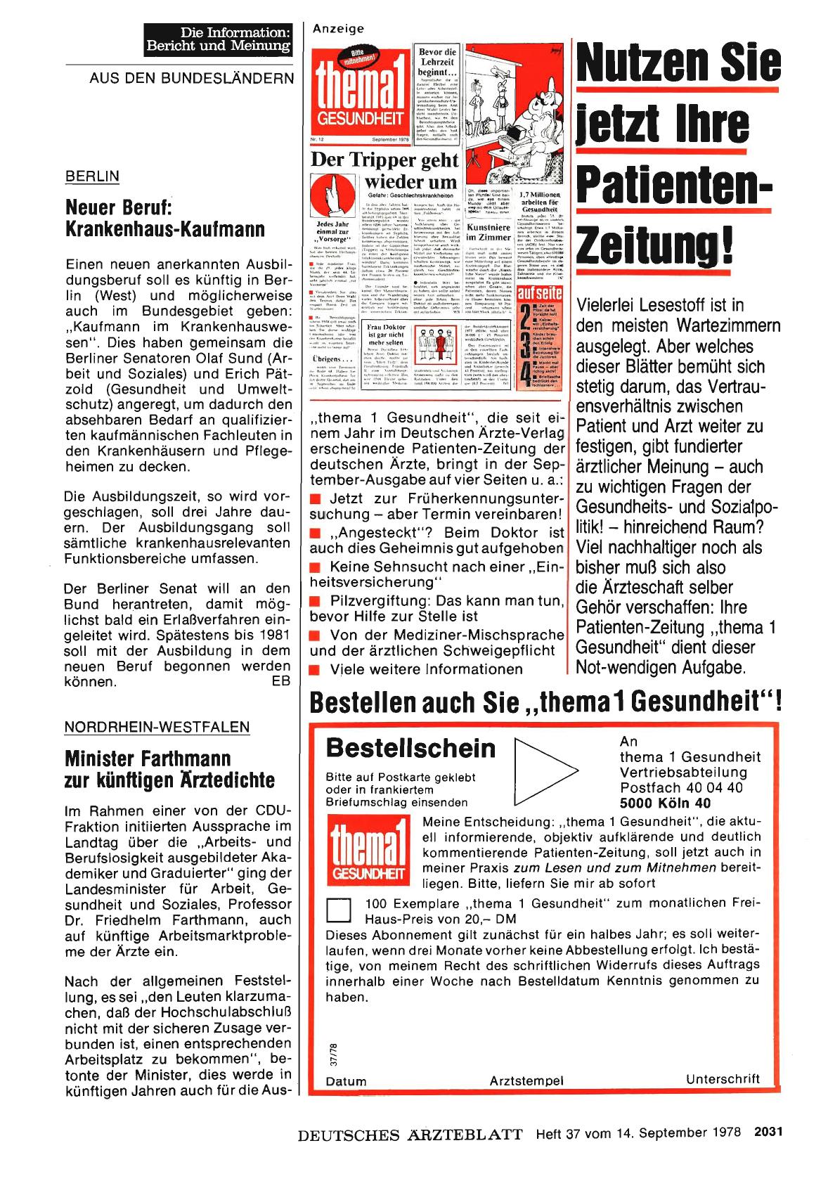 Vorschauseite 1: Nordrhein-Westfalen: Minister Farthmann zur künftigen Ärztedichte