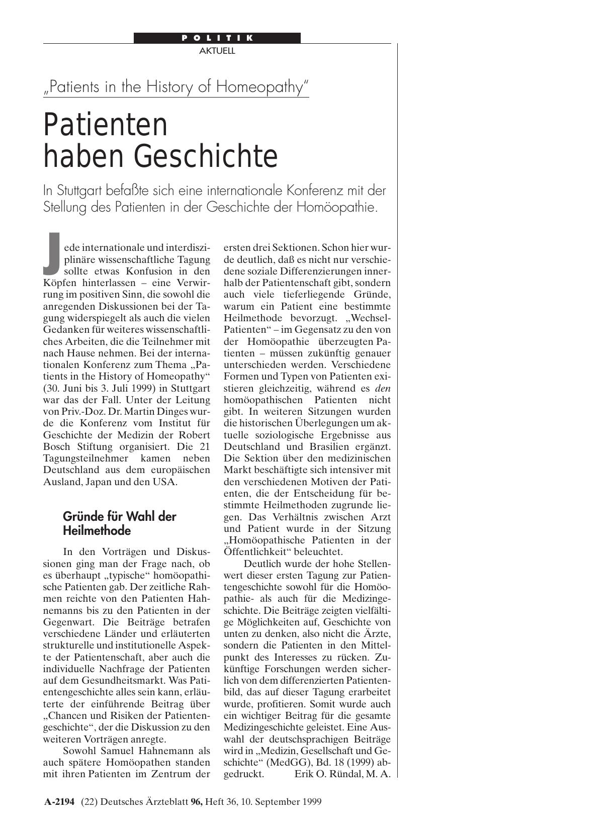 Vorschauseite 1: „Patients in the History of Homeopathy„: Patienten haben Geschichte
