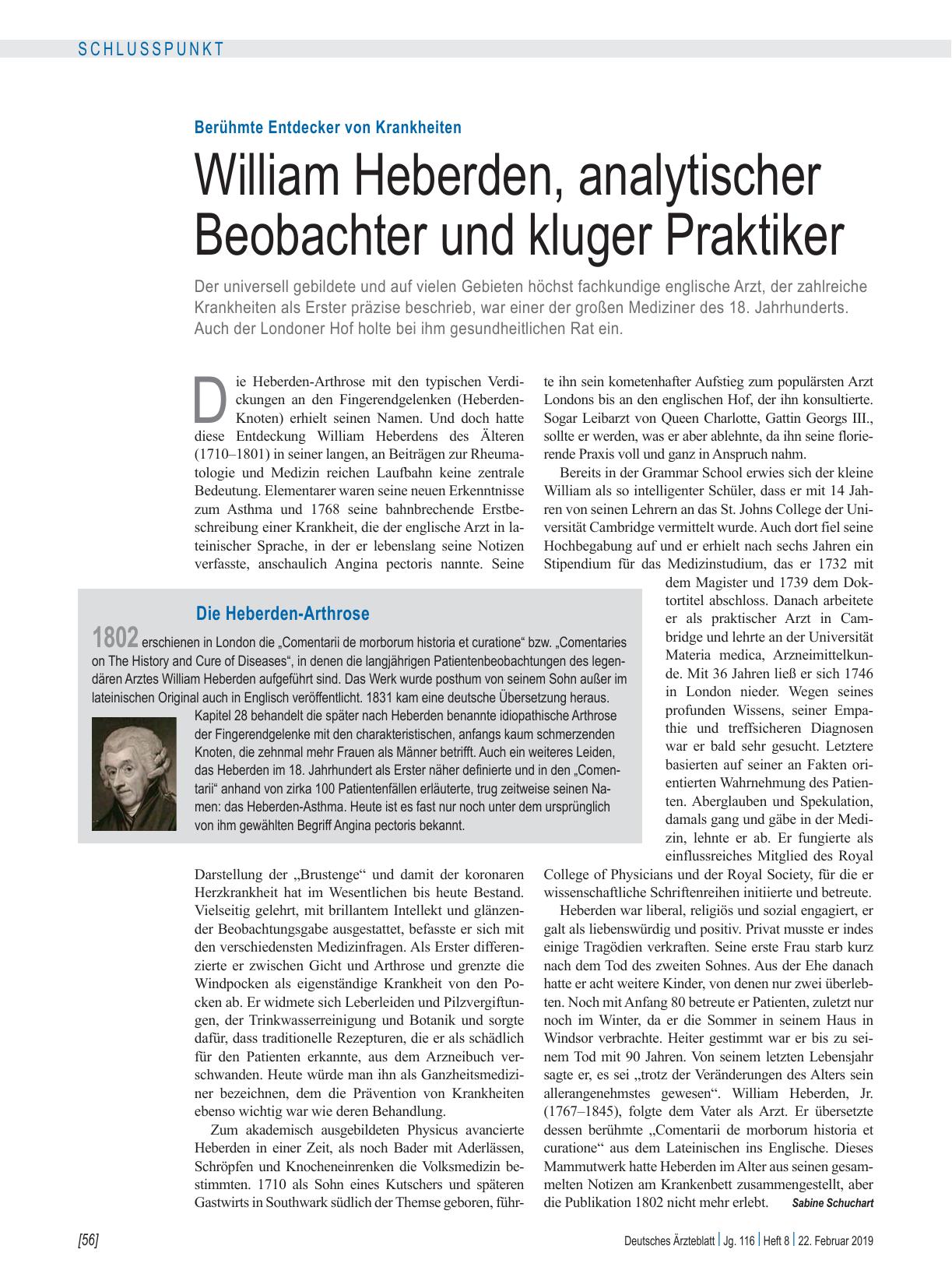 Vorschauseite 1: Berühmte Entdecker von Krankheiten: William Heberden, analytischer Beobachter und kluger Praktiker