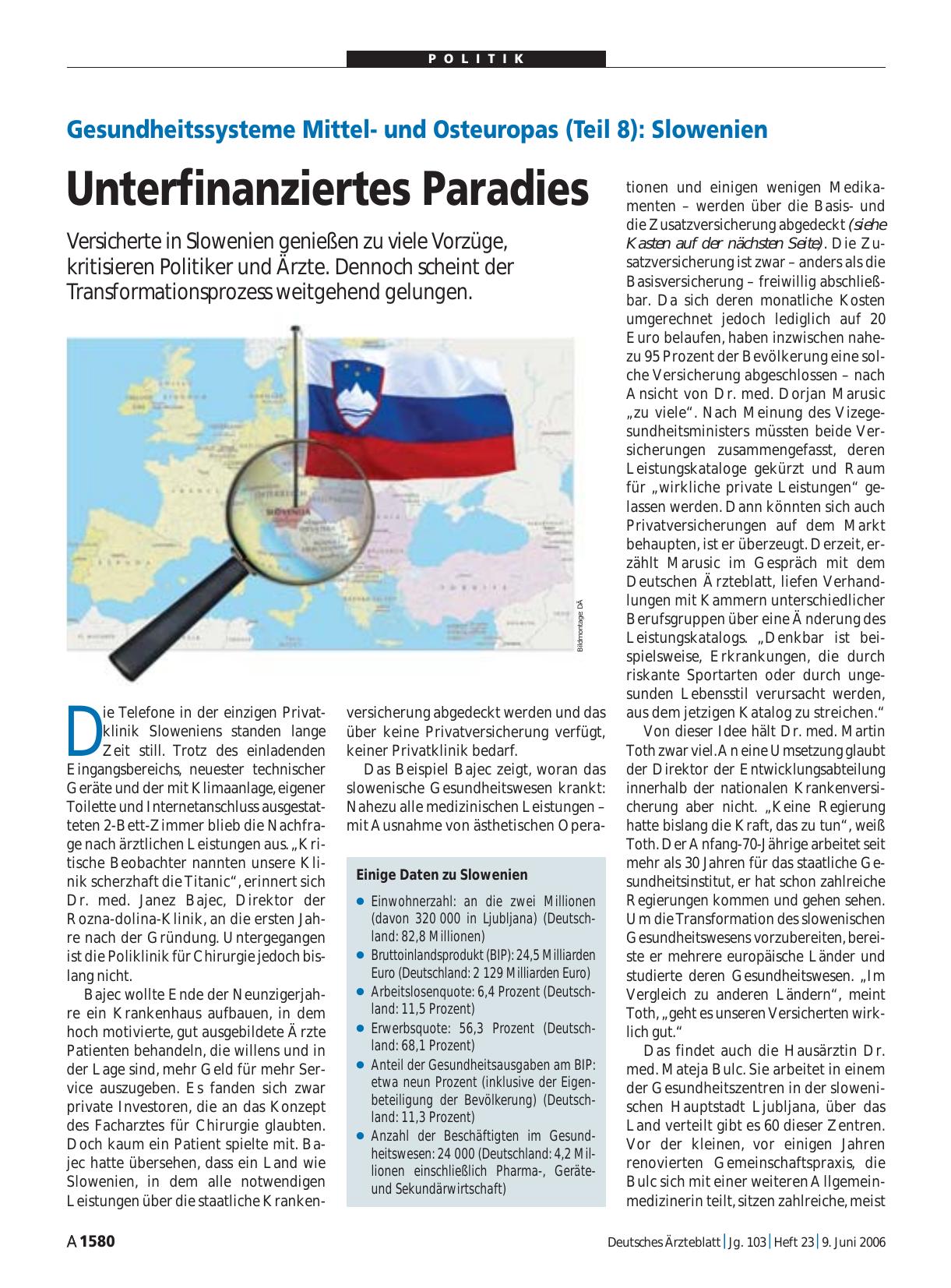 Vorschauseite 1: Gesundheitssysteme Mittelund Osteuropas (Teil 8): Slowenien – Unterfinanziertes Paradies
