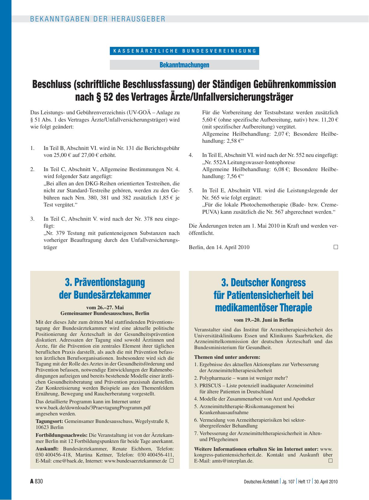 Vorschauseite 1: Bekanntmachungen: Beschluss (schriftliche Beschlussfassung) der Ständigen Gebührenkommission nach § 52 des Vertrages Ärzte/Unfallversicherungsträger