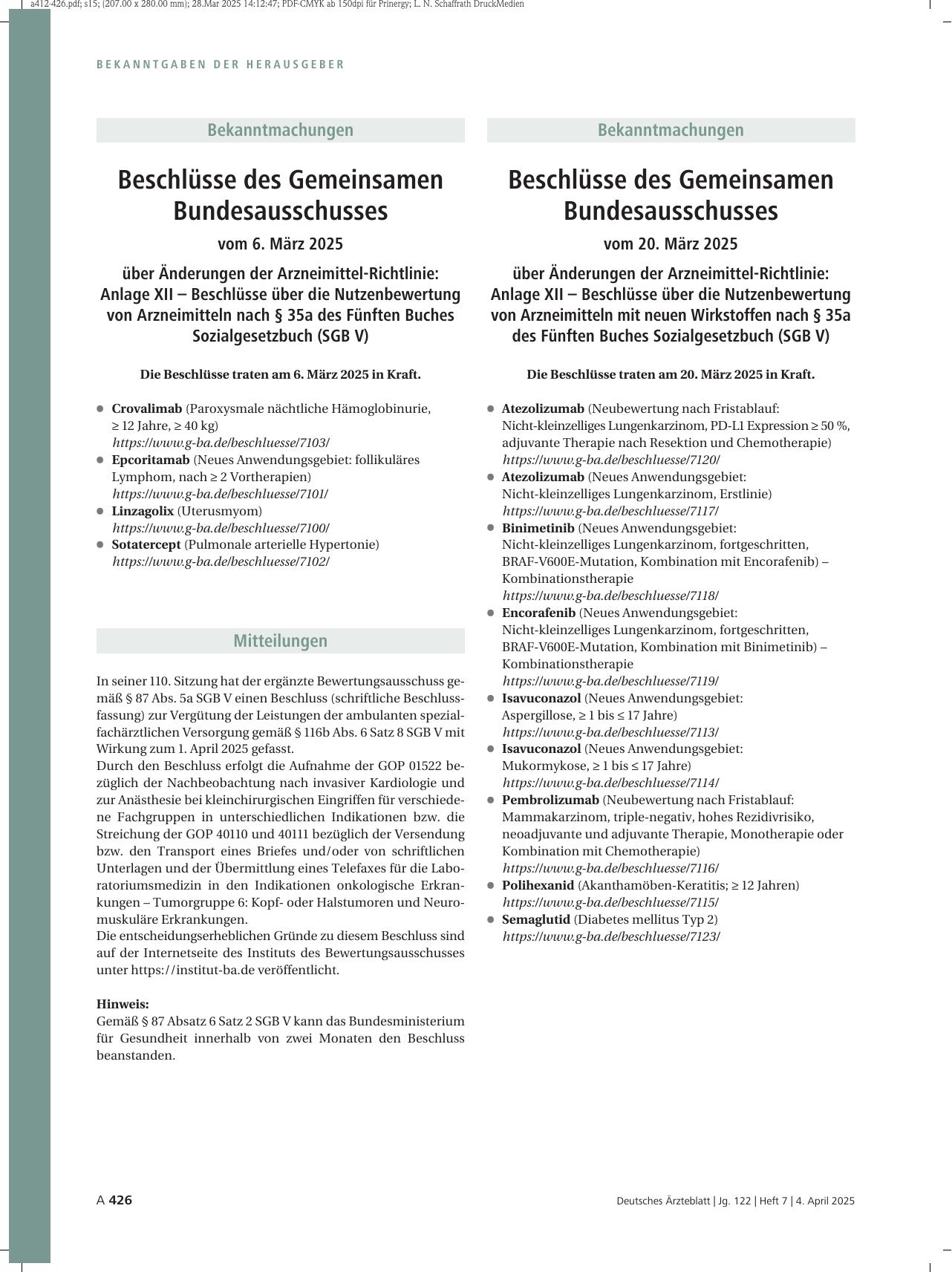 Vorschauseite 1: Beschlüsse des Gemeinsamen Bundesausschusses vom 20. März 2025 über Änderungen der Arzneimittel-Richtlinie: Anlage XII – Beschlüsse über die Nutzenbewertung von Arzneimitteln mit…